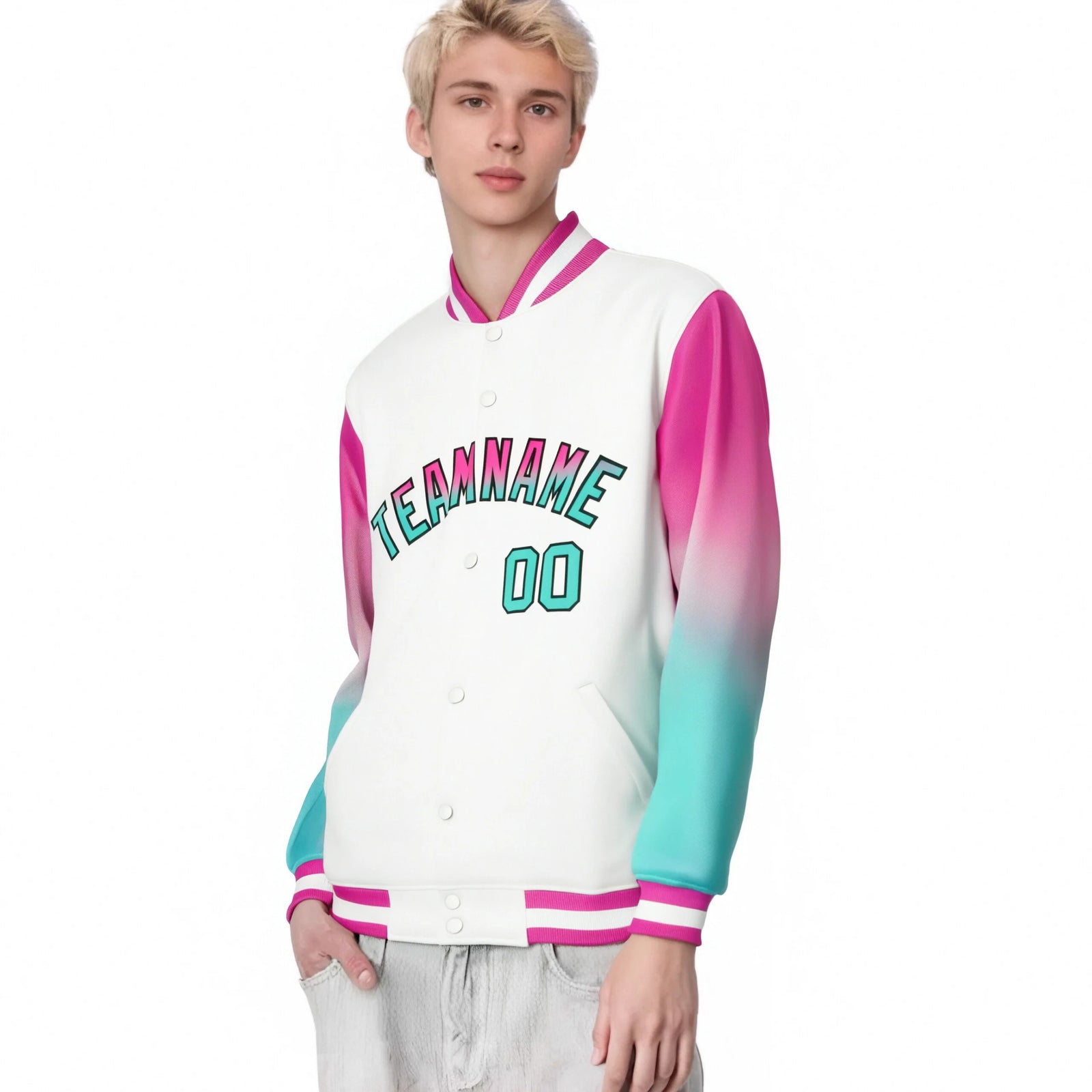 Custom White Pink-Aqua Varsity Full-Snap Sleeve Gradient Fashion Letterman Baseball Jacket