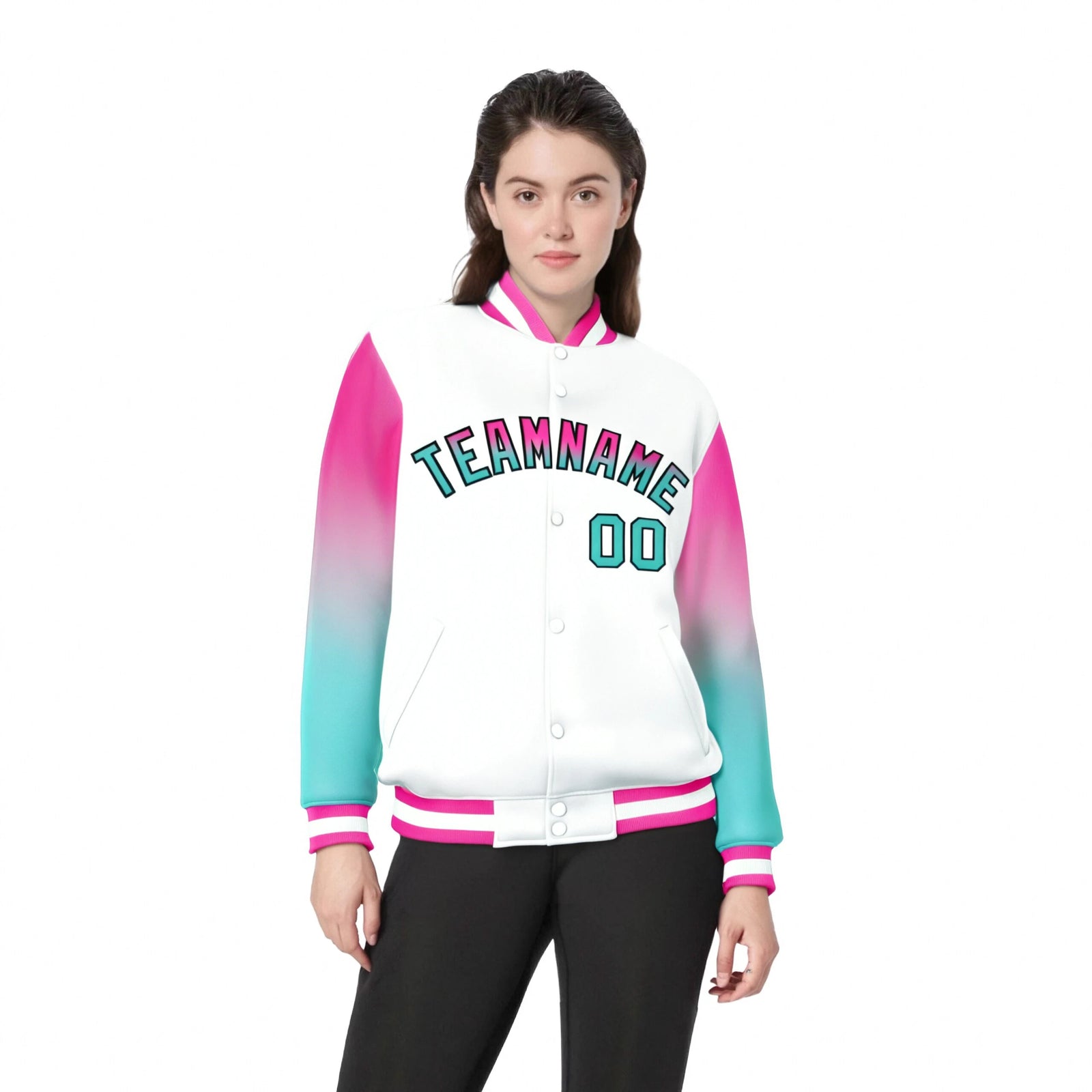 Custom White Pink-Aqua Varsity Full-Snap Sleeve Gradient Fashion Letterman Baseball Jacket