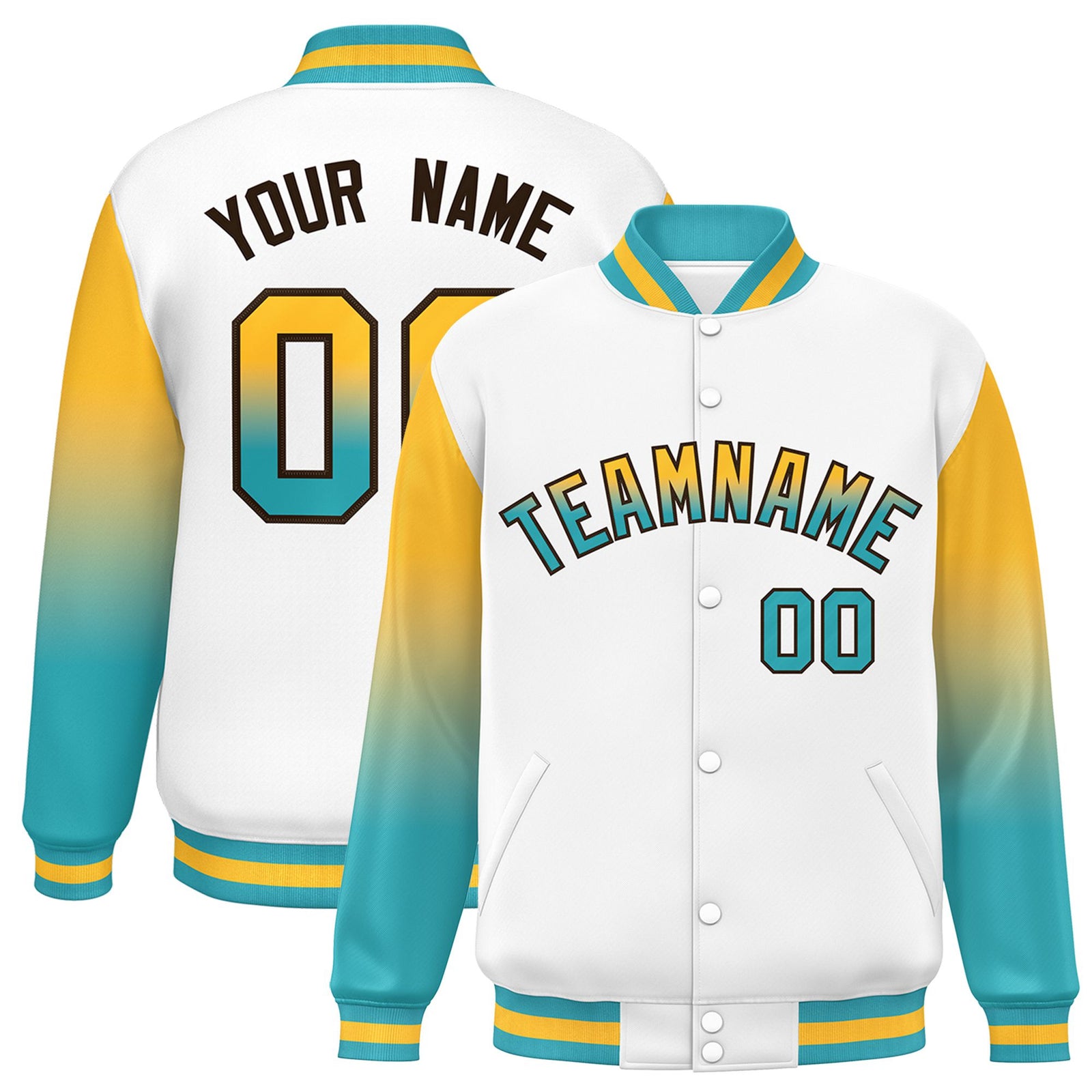 Custom White Yellow-Aqua Varsity Full-Snap Sleeve Gradient Fashion Letterman Baseball Jacket