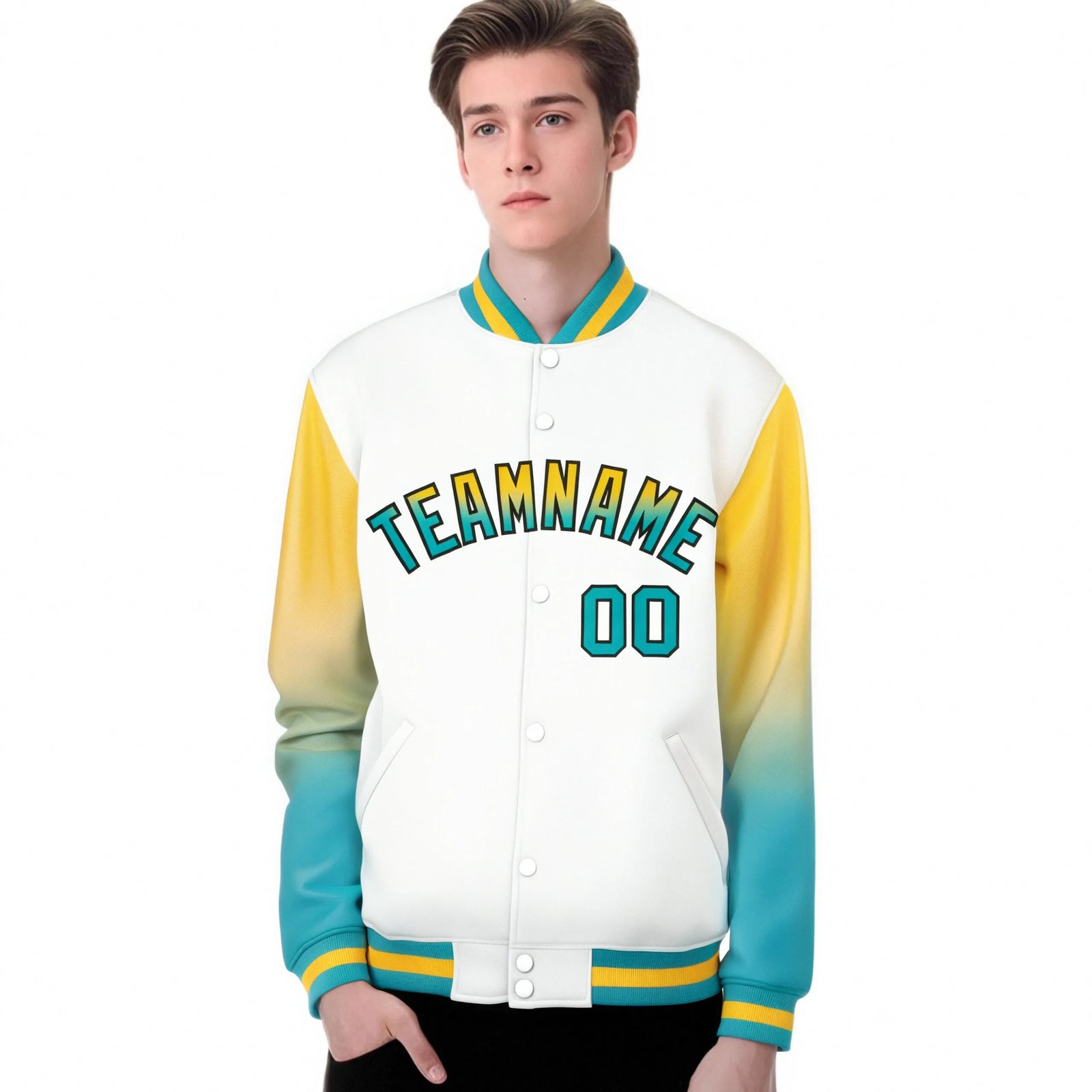 Custom White Yellow-Aqua Varsity Full-Snap Sleeve Gradient Fashion Letterman Baseball Jacket