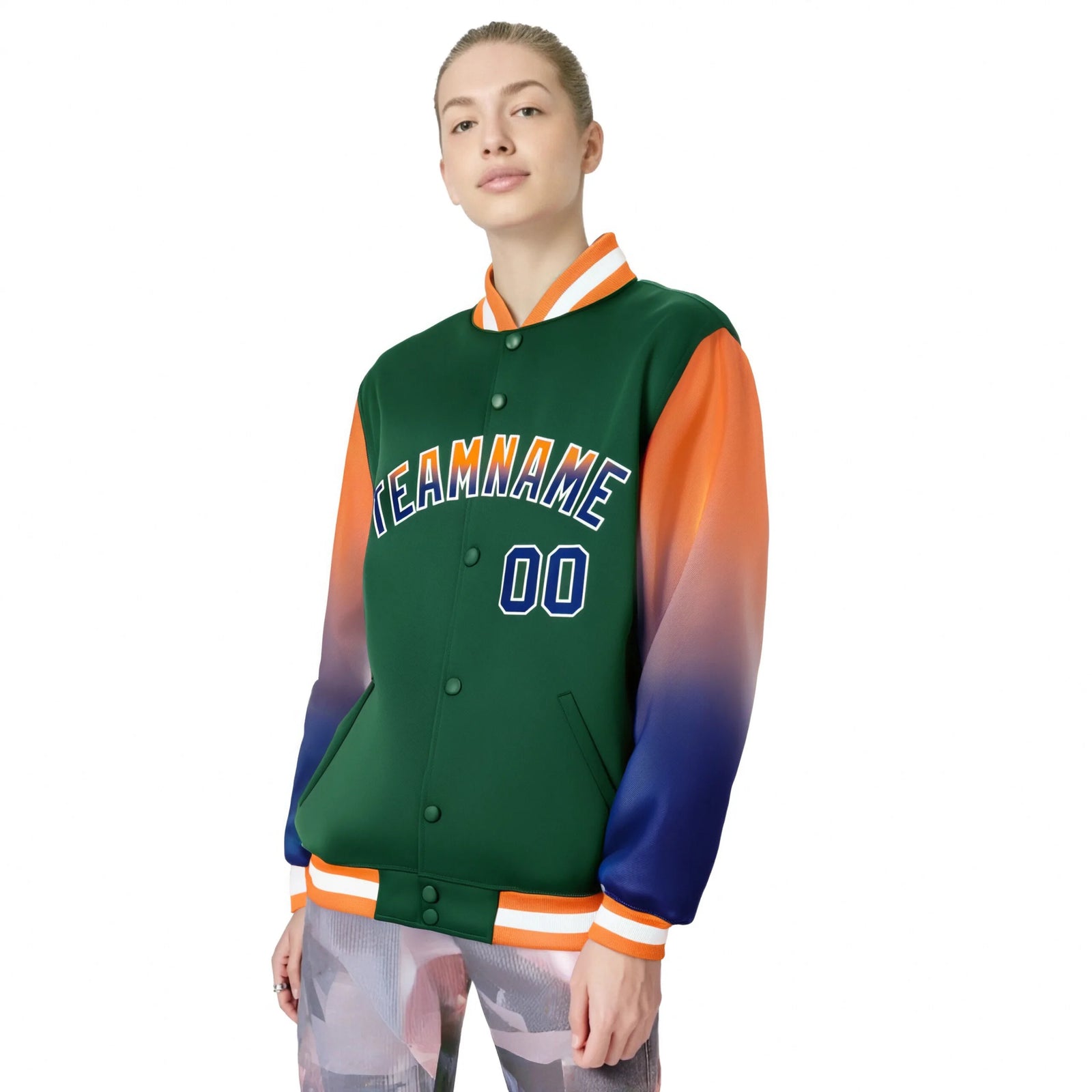 Custom Green Orange-Royal Blue Varsity Full-Snap Sleeve Gradient Fashion Letterman Baseball Jacket