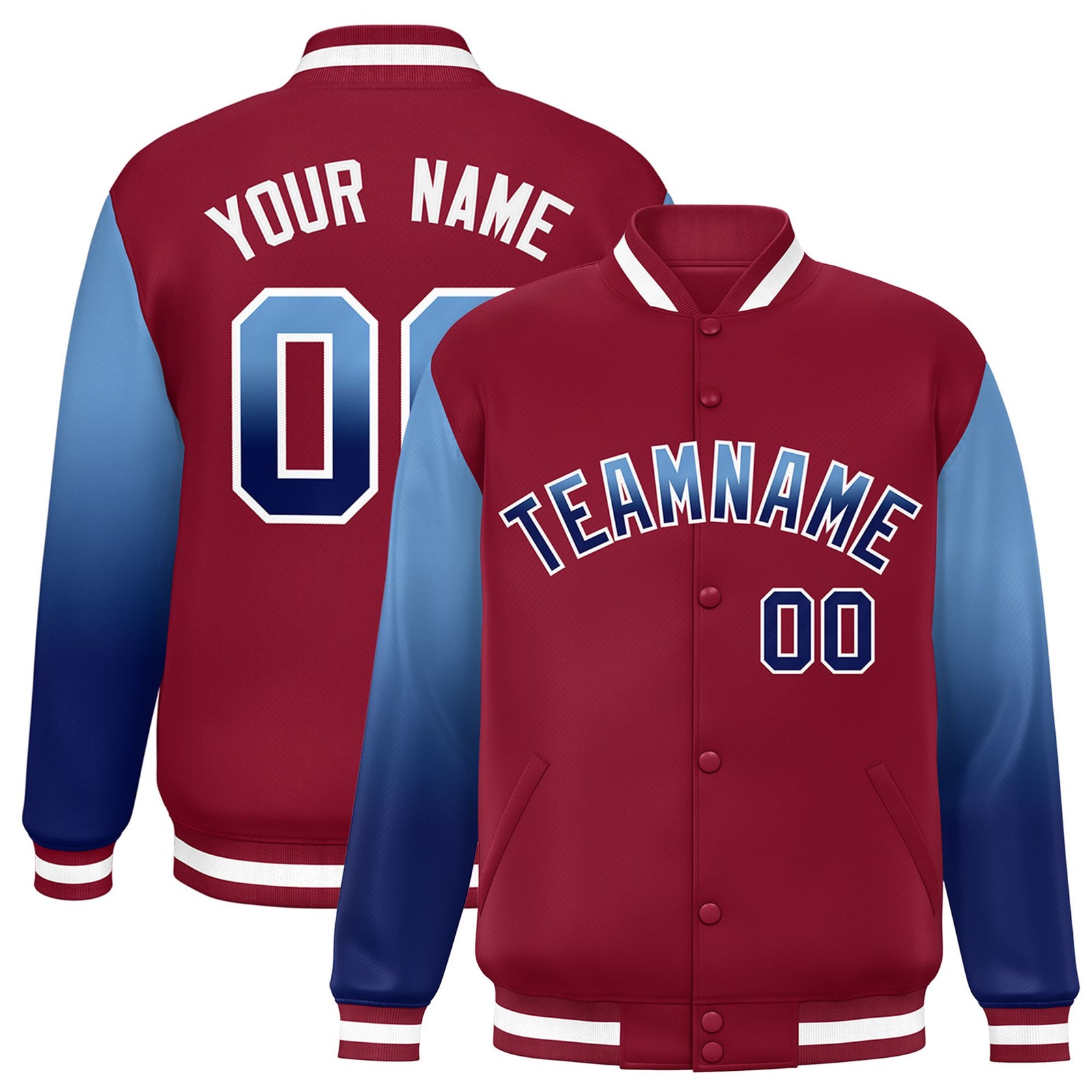 Custom Crimson Light Blue-Royal Blue Varsity Full-Snap Sleeve Gradient Fashion Letterman Baseball Jacket