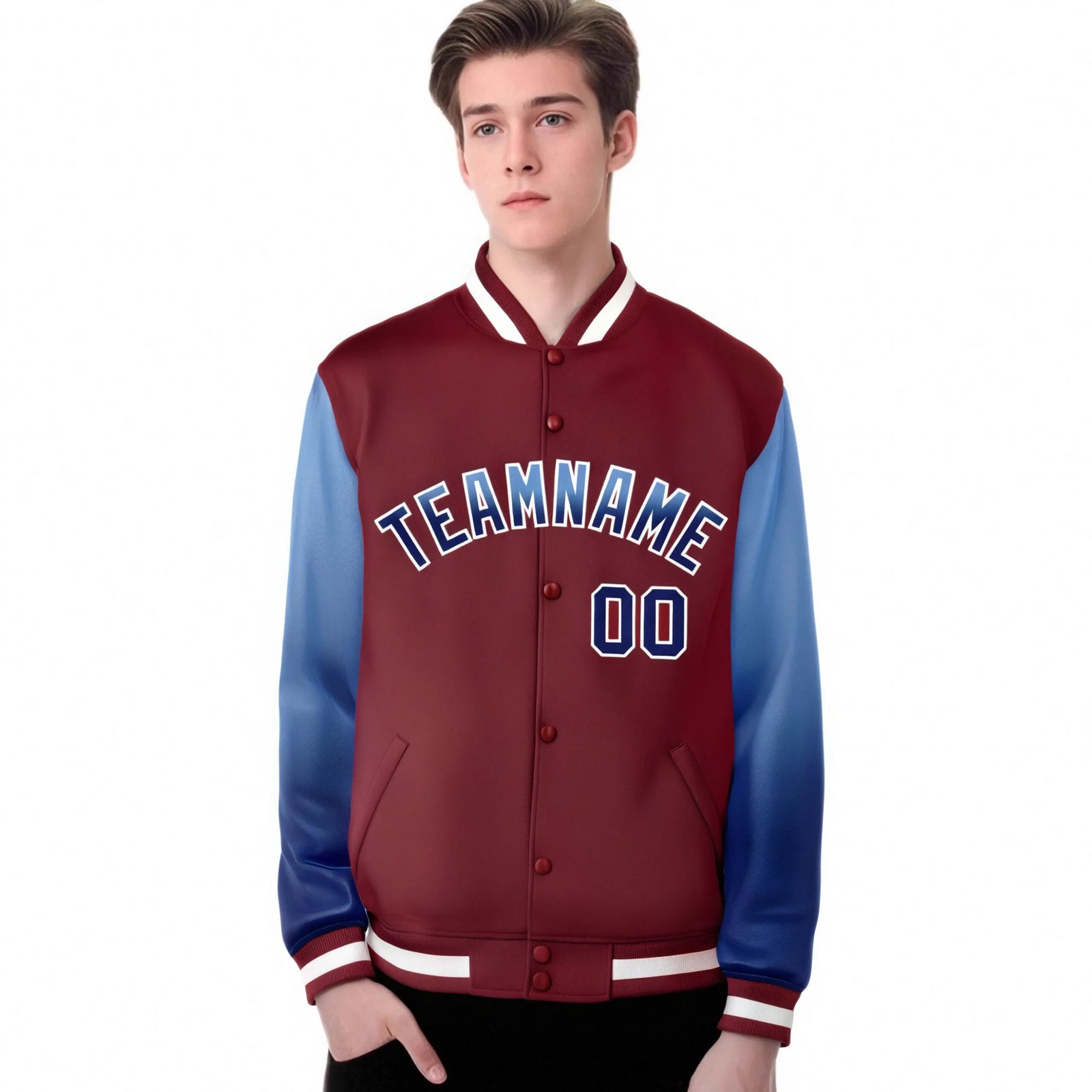 Custom Crimson Light Blue-Royal Blue Varsity Full-Snap Sleeve Gradient Fashion Letterman Baseball Jacket