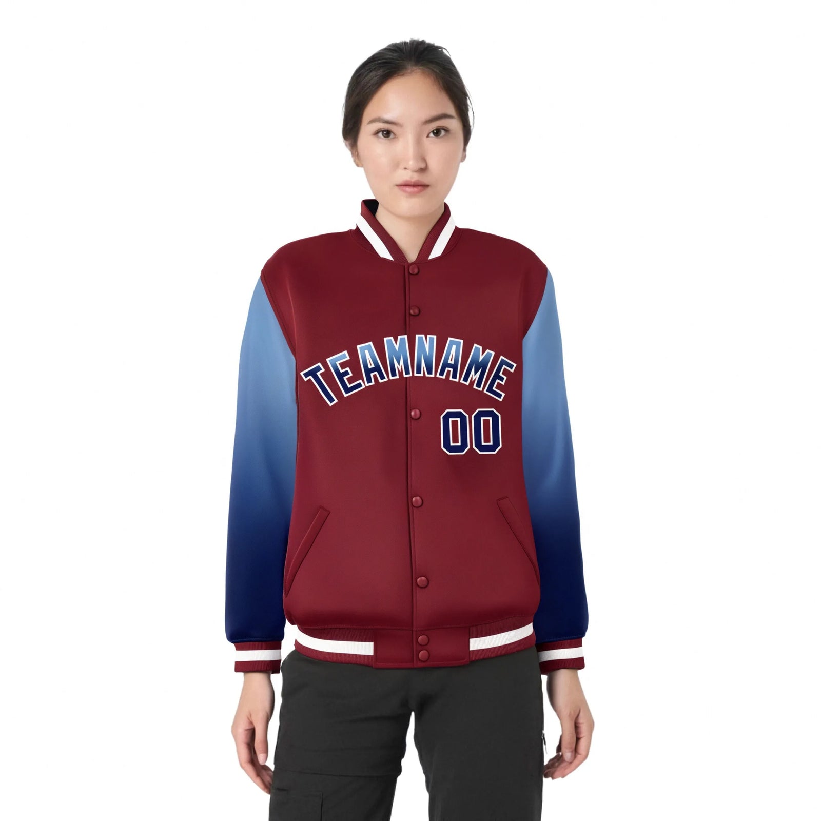 Custom Crimson Light Blue-Royal Blue Varsity Full-Snap Sleeve Gradient Fashion Letterman Baseball Jacket