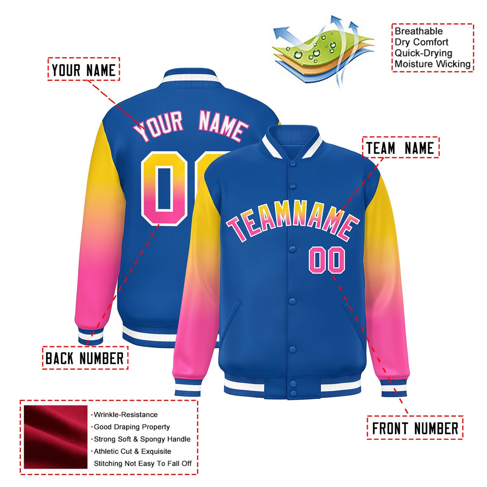 Custom Royal Blue Yellow-Pink Varsity Full-Snap Sleeve Gradient Fashion Letterman Baseball Jacket