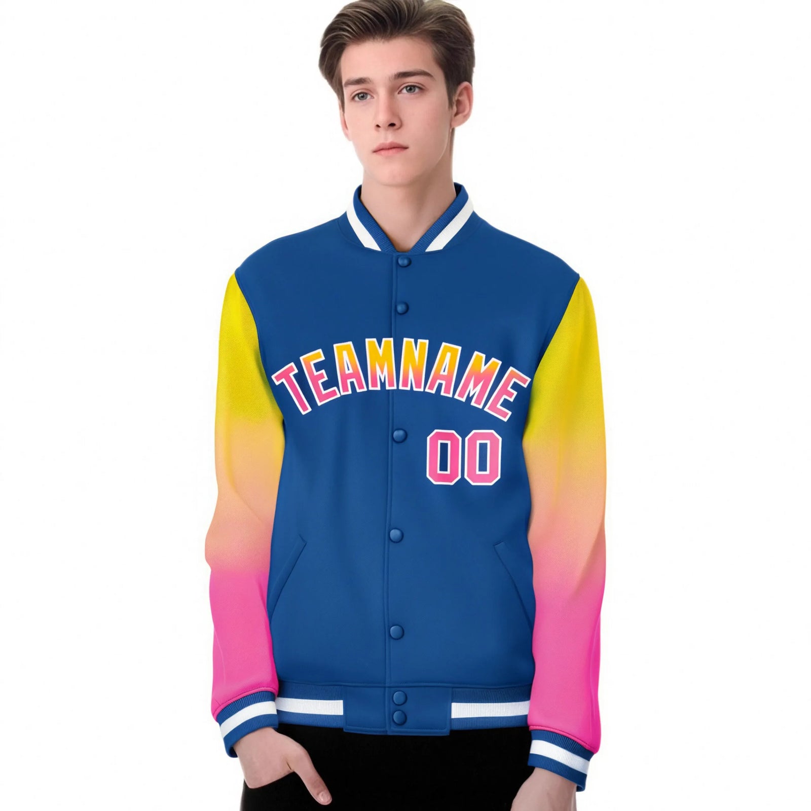 Custom Royal Blue Yellow-Pink Varsity Full-Snap Sleeve Gradient Fashion Letterman Baseball Jacket