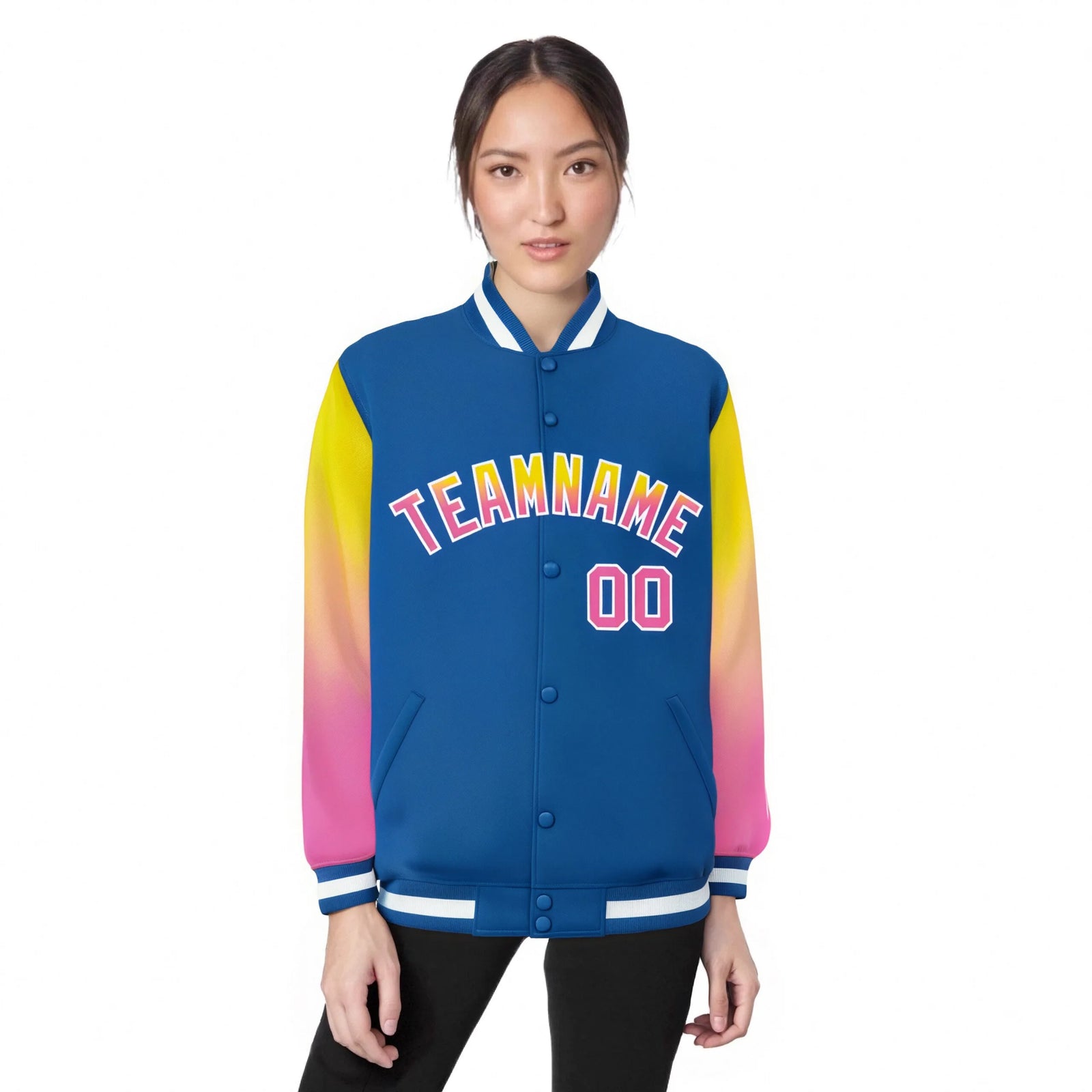 Custom Royal Blue Yellow-Pink Varsity Full-Snap Sleeve Gradient Fashion Letterman Baseball Jacket