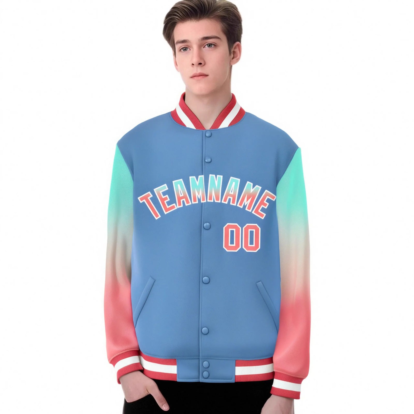 Custom Light Blue Bright Green-Light Red Varsity Full-Snap Sleeve Gradient Fashion Letterman Baseball Jacket