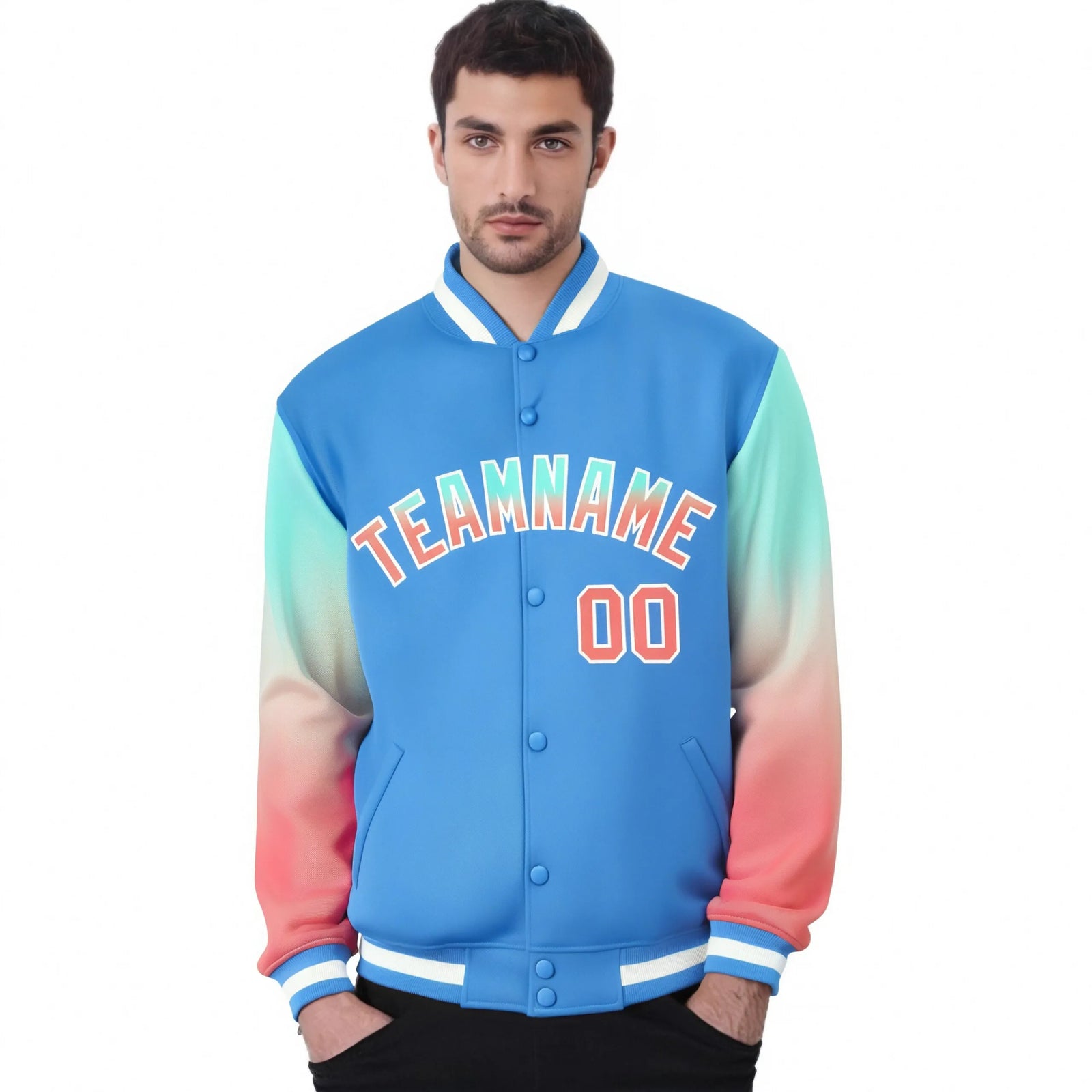 Custom Powder Blue Bright Green-Light Red Varsity Full-Snap Sleeve Gradient Fashion Letterman Baseball Jacket