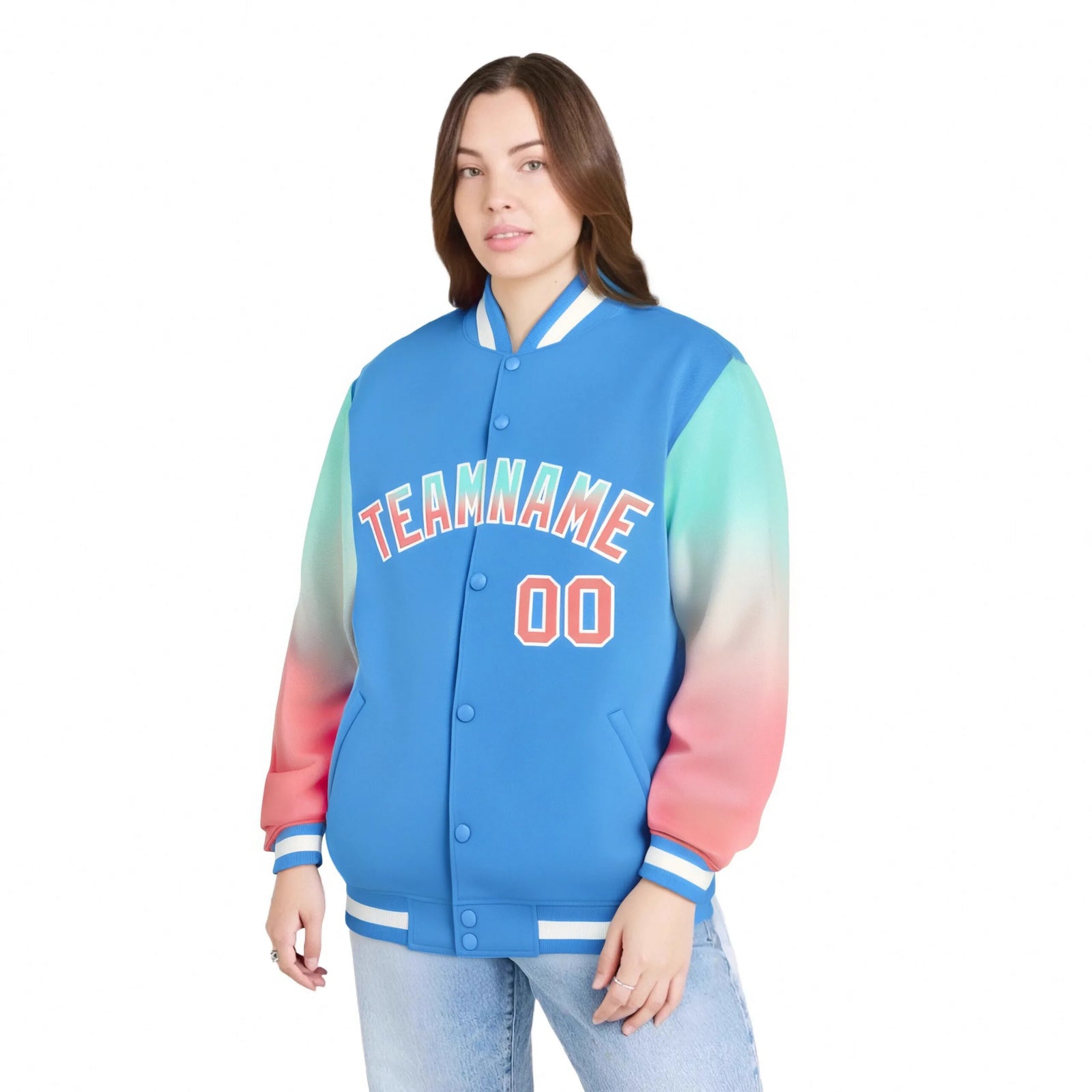 Custom Powder Blue Bright Green-Light Red Varsity Full-Snap Sleeve Gradient Fashion Letterman Baseball Jacket