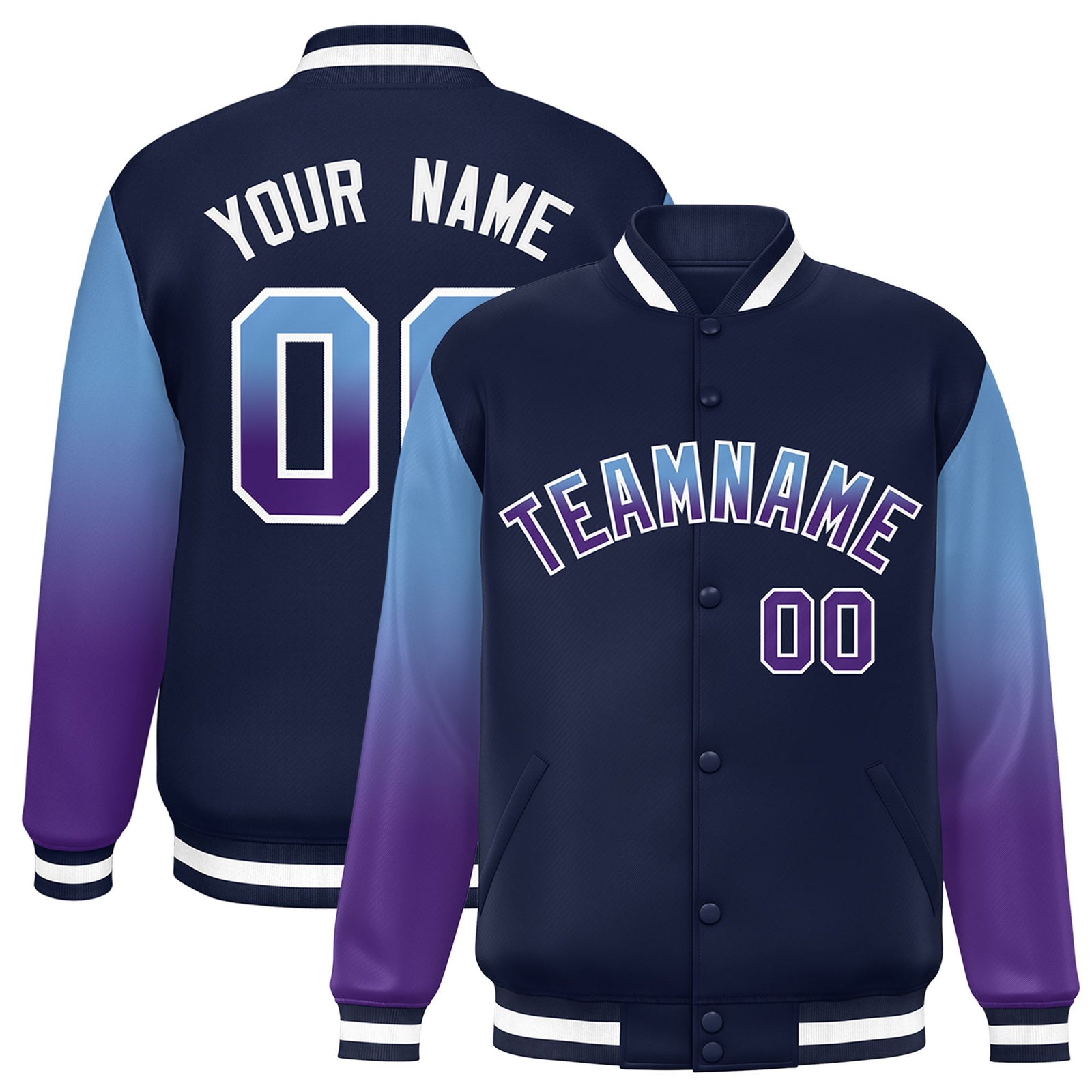 Custom Navy Light Blue-Purple Varsity Full-Snap Sleeve Gradient Fashion Letterman Baseball Jacket