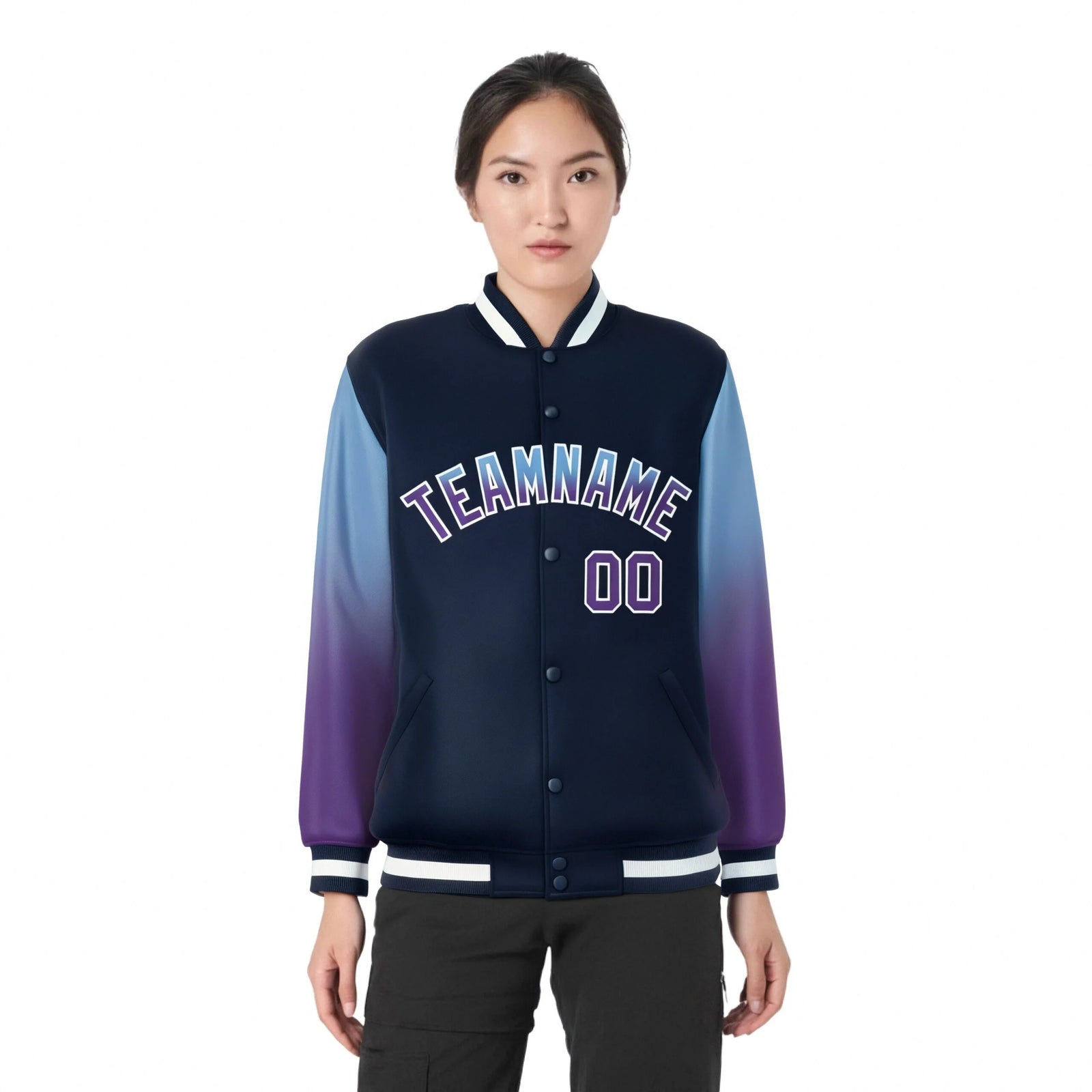 Custom Navy Light Blue-Purple Varsity Full-Snap Sleeve Gradient Fashion Letterman Baseball Jacket