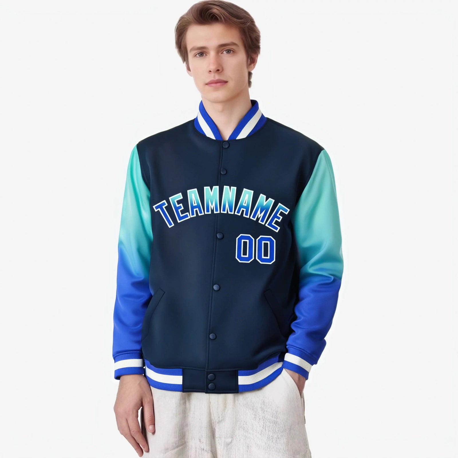 Custom Navy Aqua-Royal Blue Varsity Full-Snap Sleeve Gradient Fashion Letterman Baseball Jacket