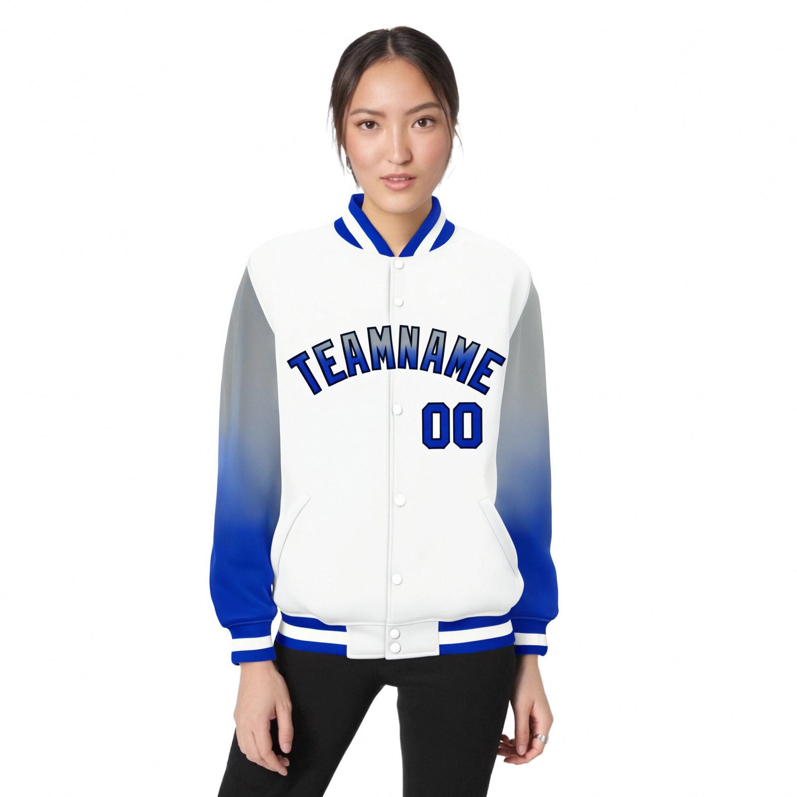 Custom White Gray-Royal Blue Varsity Full-Snap Sleeve Gradient Fashion Letterman Baseball Jacket