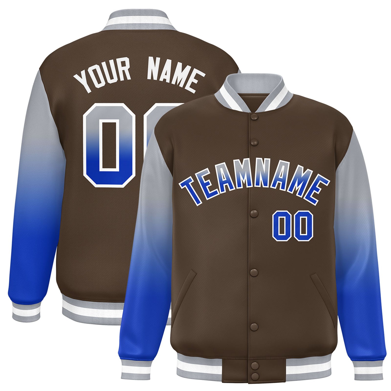 Custom Light Brown Gray-Royal Blue Varsity Full-Snap Sleeve Gradient Fashion Letterman Baseball Jacket