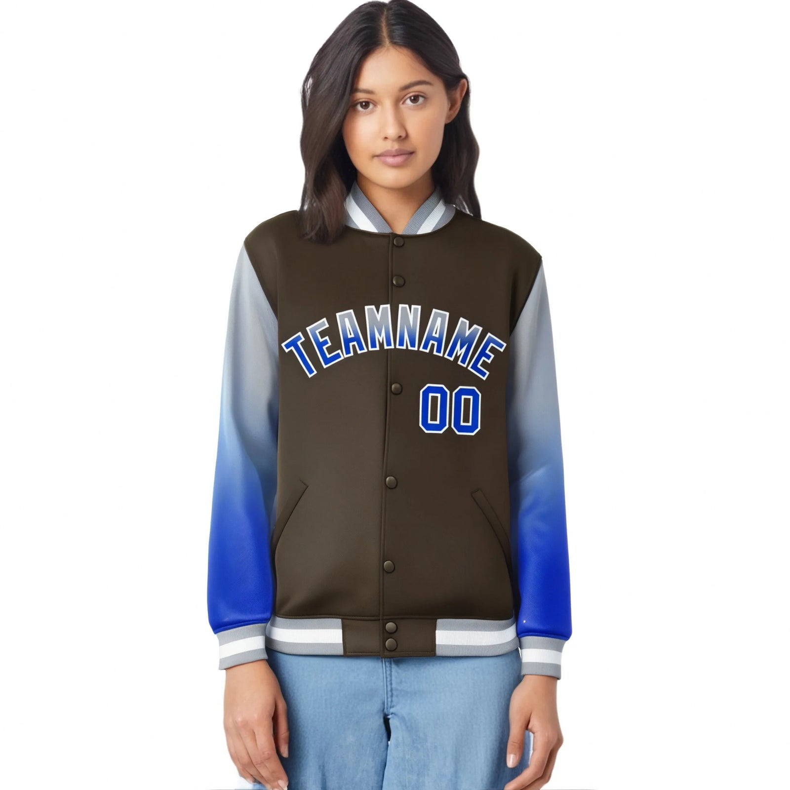 Custom Light Brown Gray-Royal Blue Varsity Full-Snap Sleeve Gradient Fashion Letterman Baseball Jacket