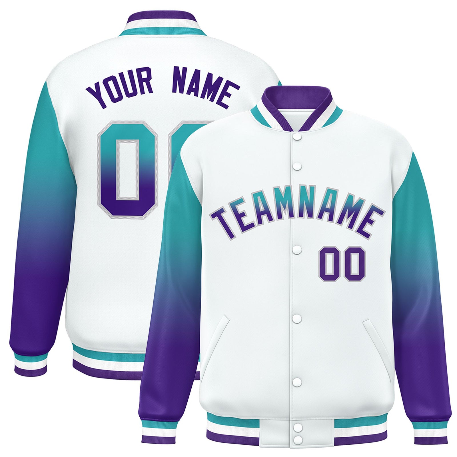 Custom White Aqua-Purple Varsity Full-Snap Sleeve Gradient Fashion Letterman Baseball Jacket