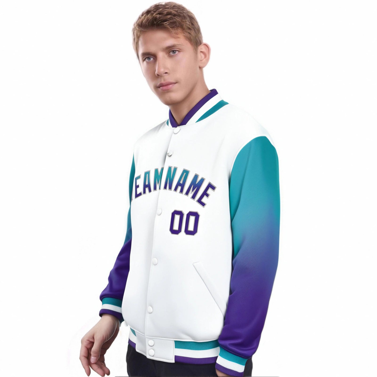 Custom White Aqua-Purple Varsity Full-Snap Sleeve Gradient Fashion Letterman Baseball Jacket
