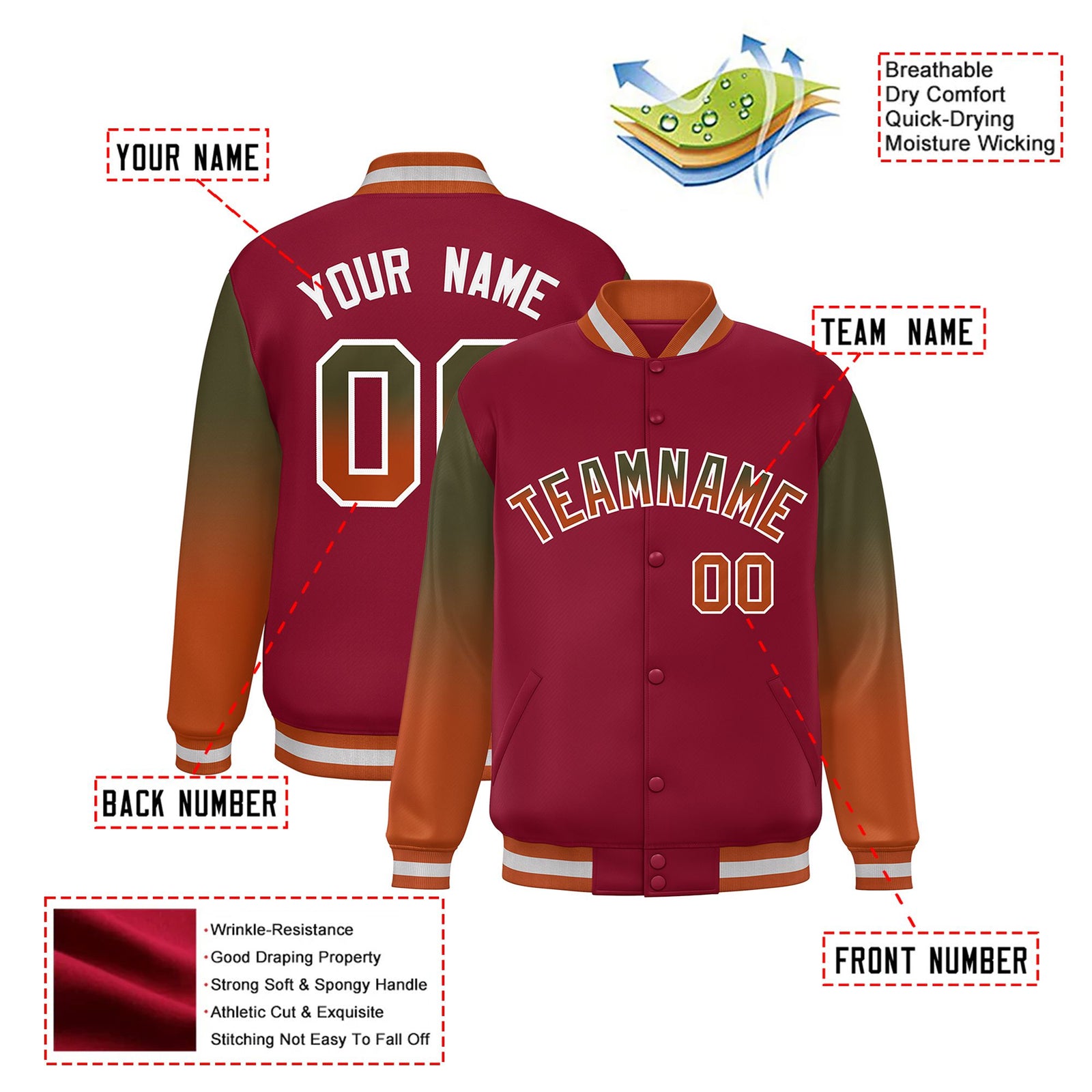Custom Crimson Olive-Munsell Varsity Full-Snap Sleeve Gradient Fashion Letterman Baseball Jacket