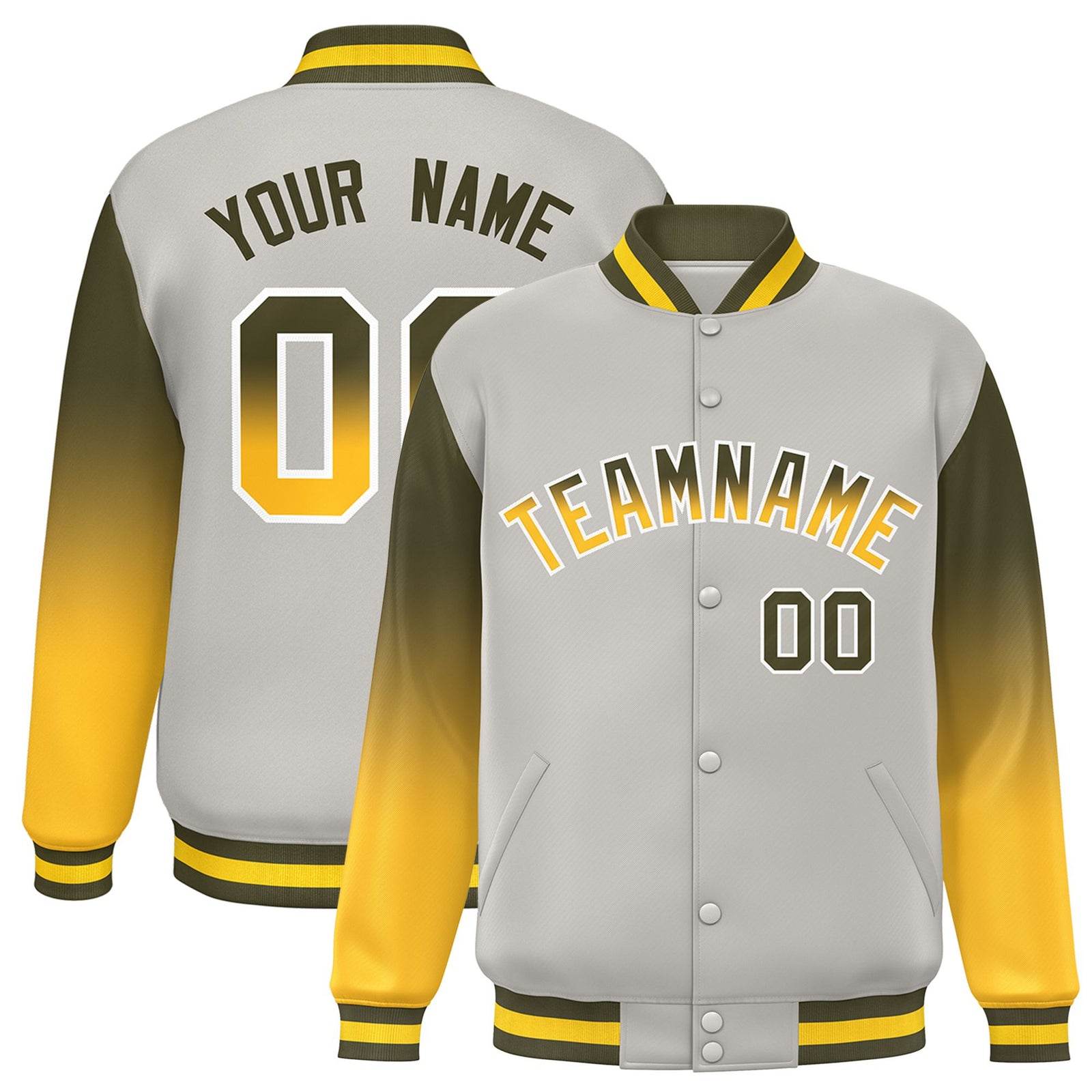 Custom Gray Olive-Gold Varsity Full-Snap Sleeve Gradient Fashion Letterman Baseball Jacket