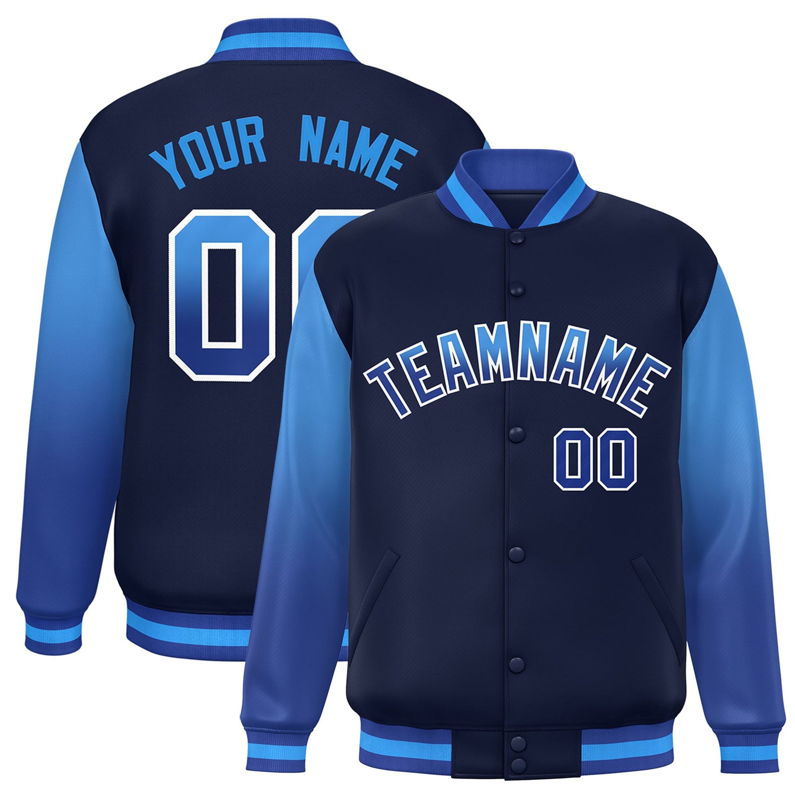 Custom Navy Light Blue-Royal Blue Varsity Full-Snap Sleeve Gradient Fashion Letterman Baseball Jacket