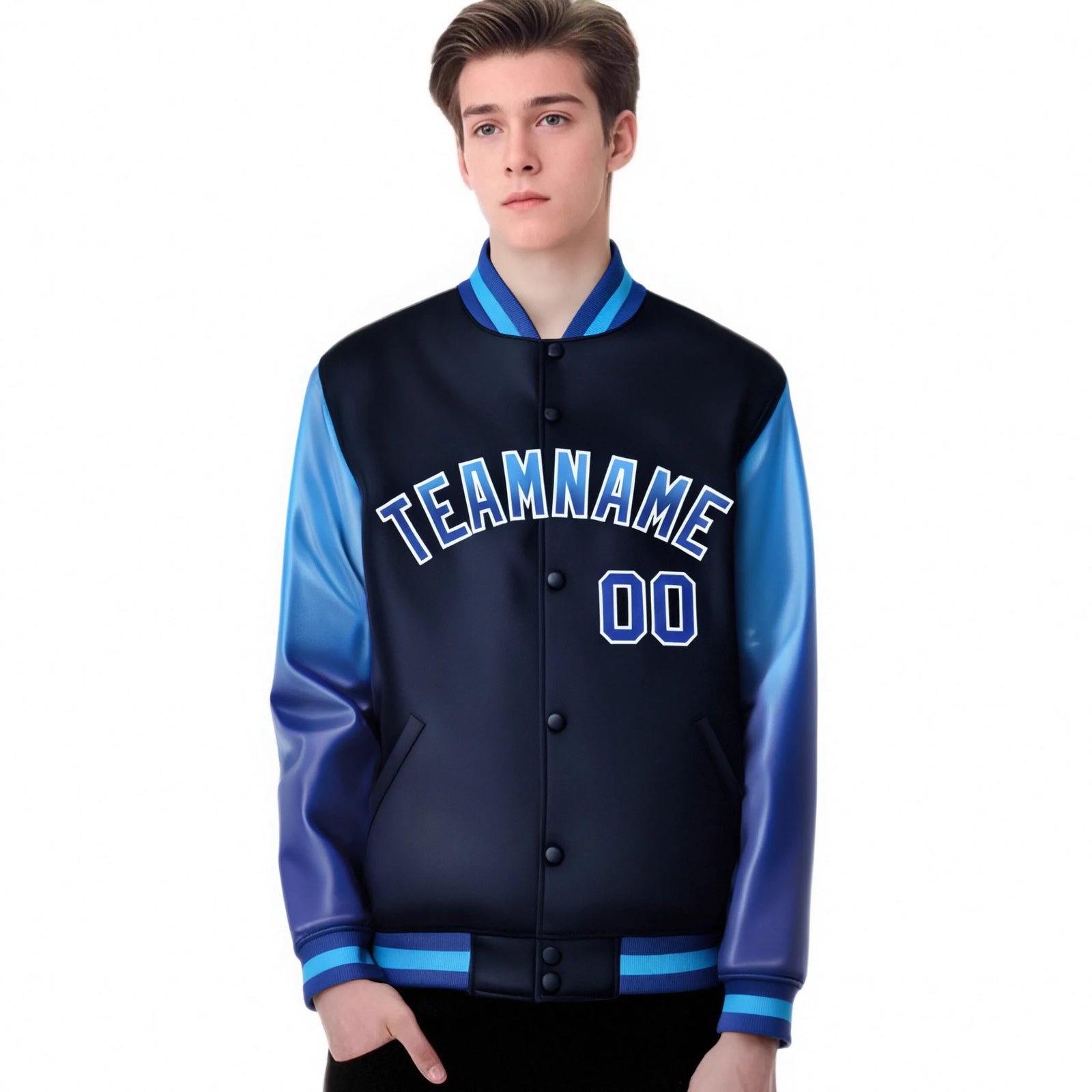 Custom Navy Light Blue-Royal Blue Varsity Full-Snap Sleeve Gradient Fashion Letterman Baseball Jacket