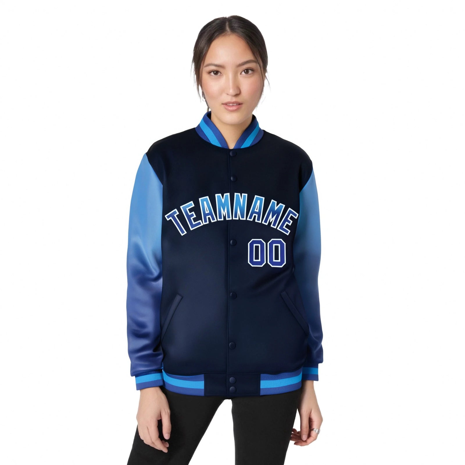 Custom Navy Light Blue-Royal Blue Varsity Full-Snap Sleeve Gradient Fashion Letterman Baseball Jacket