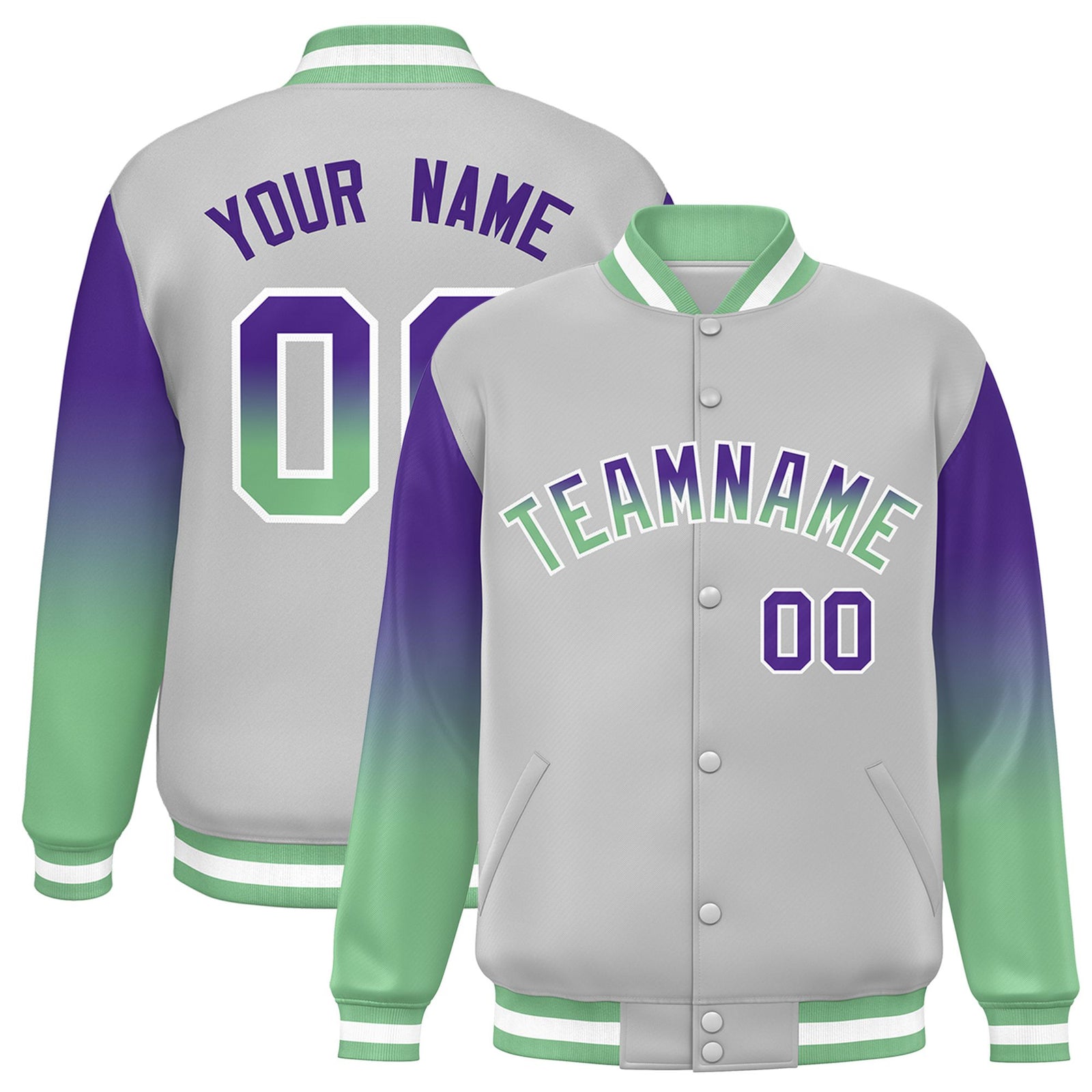 Custom Gray Purple-Bright Green Varsity Full-Snap Sleeve Gradient Fashion Letterman Baseball Jacket