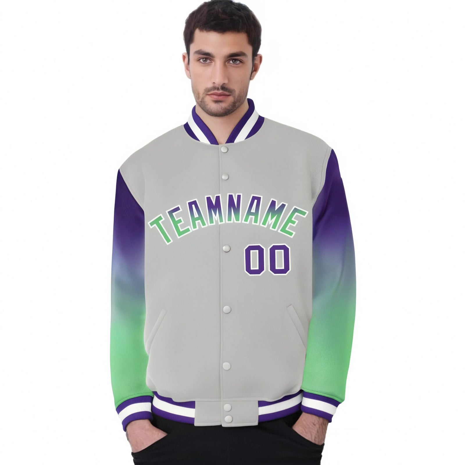 Custom Gray Purple-Bright Green Varsity Full-Snap Sleeve Gradient Fashion Letterman Baseball Jacket