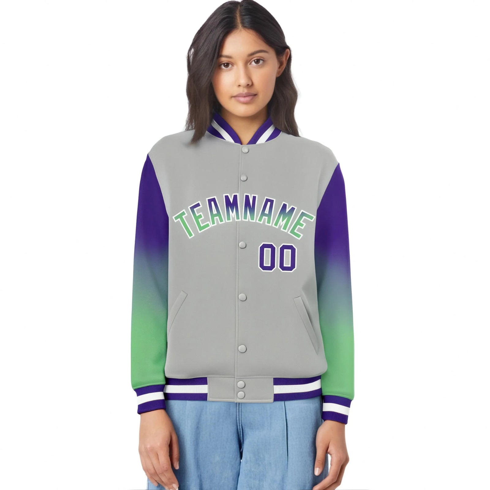 Custom Gray Purple-Bright Green Varsity Full-Snap Sleeve Gradient Fashion Letterman Baseball Jacket