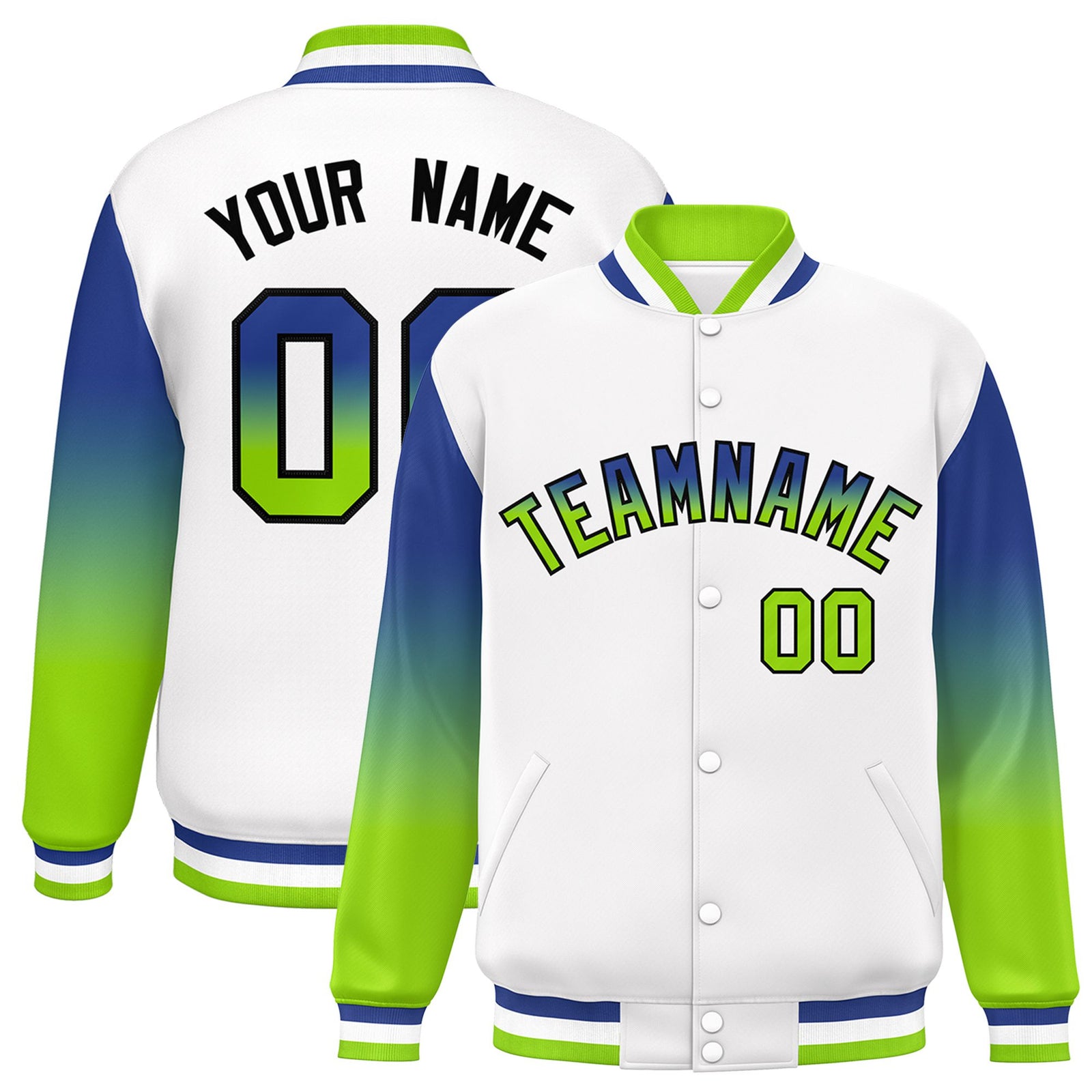 Custom White Royal Blue-Neon Green Varsity Full-Snap Sleeve Gradient Fashion Letterman Baseball Jacket