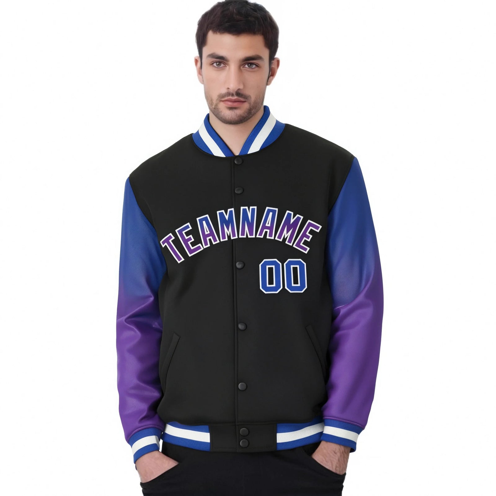 Custom Black Royal Blue-Purple Varsity Full-Snap Sleeve Gradient Fashion Letterman Baseball Jacket