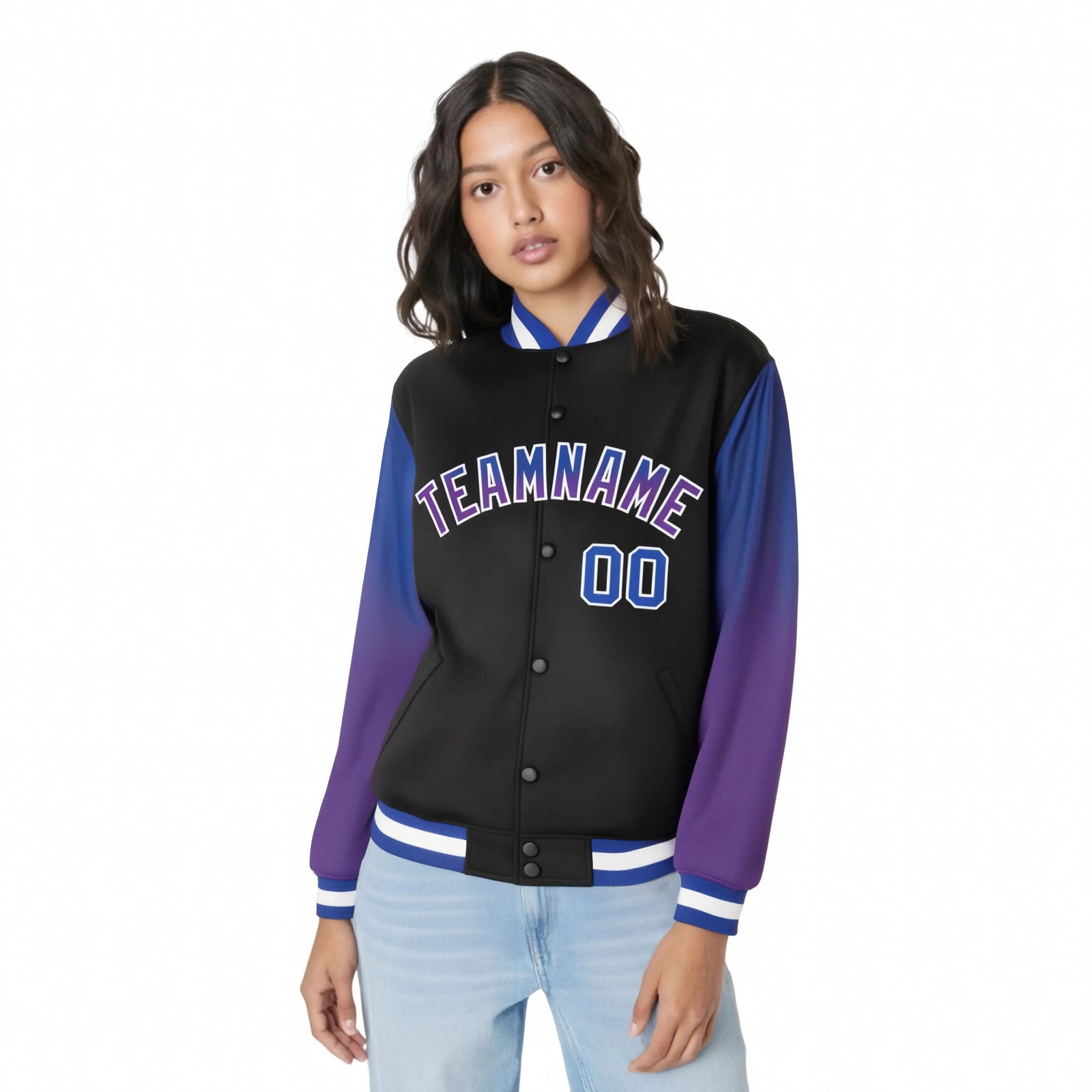 Custom Black Royal Blue-Purple Varsity Full-Snap Sleeve Gradient Fashion Letterman Baseball Jacket