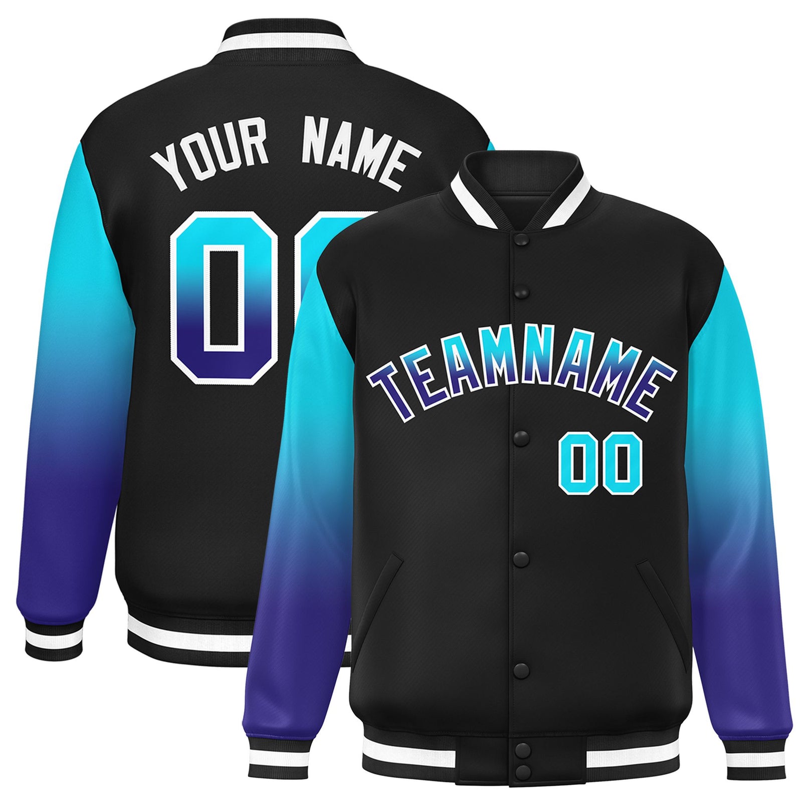 Custom Black Sky Blue-Purple Varsity Full-Snap Sleeve Gradient Fashion Letterman Baseball Jacket