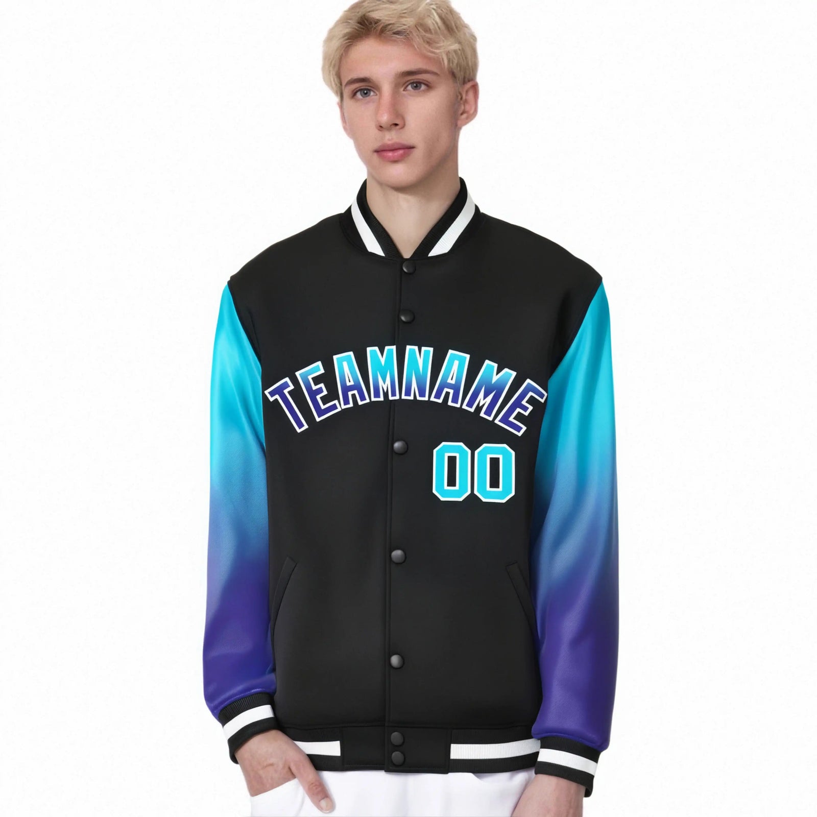 Custom Black Sky Blue-Purple Varsity Full-Snap Sleeve Gradient Fashion Letterman Baseball Jacket