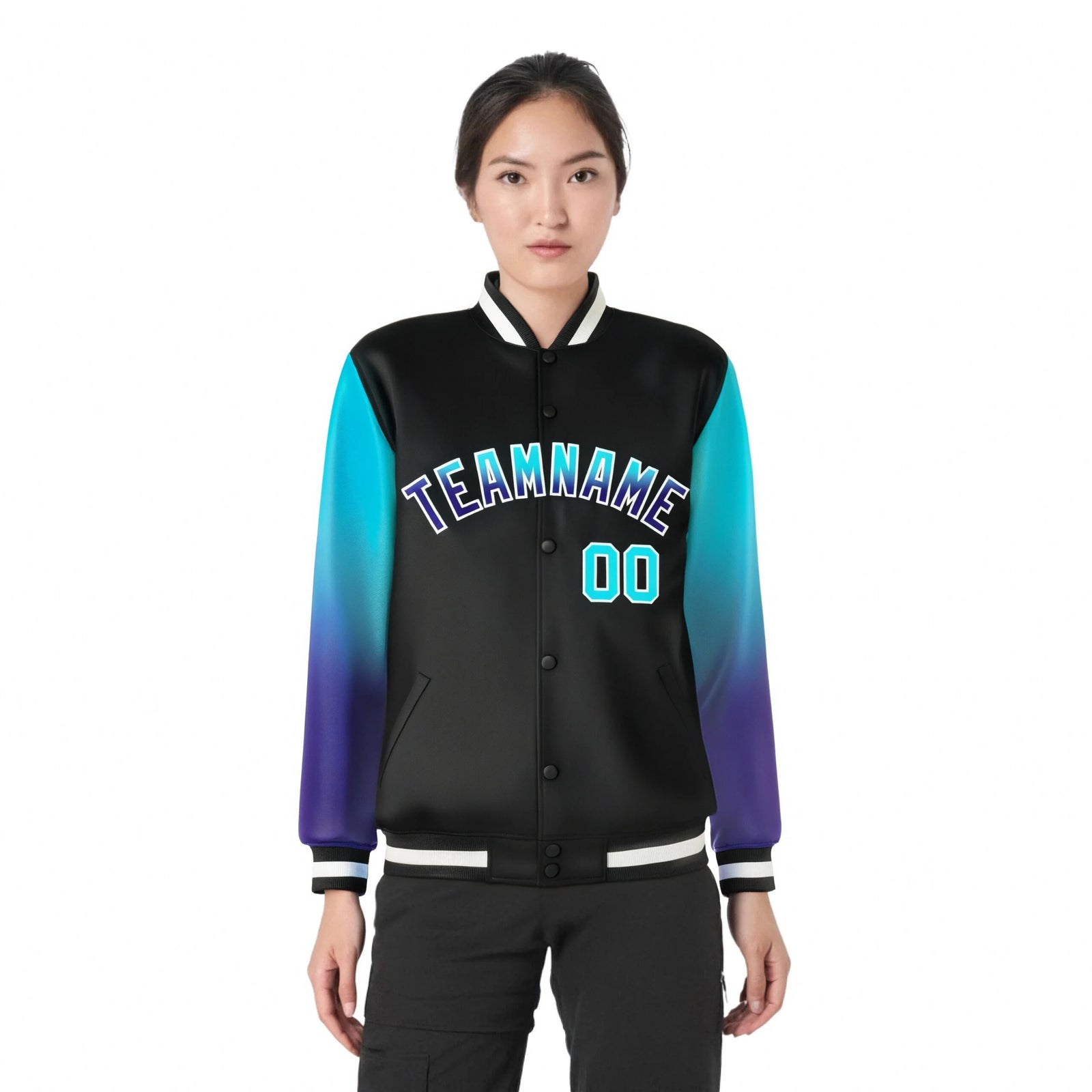 Custom Black Sky Blue-Purple Varsity Full-Snap Sleeve Gradient Fashion Letterman Baseball Jacket