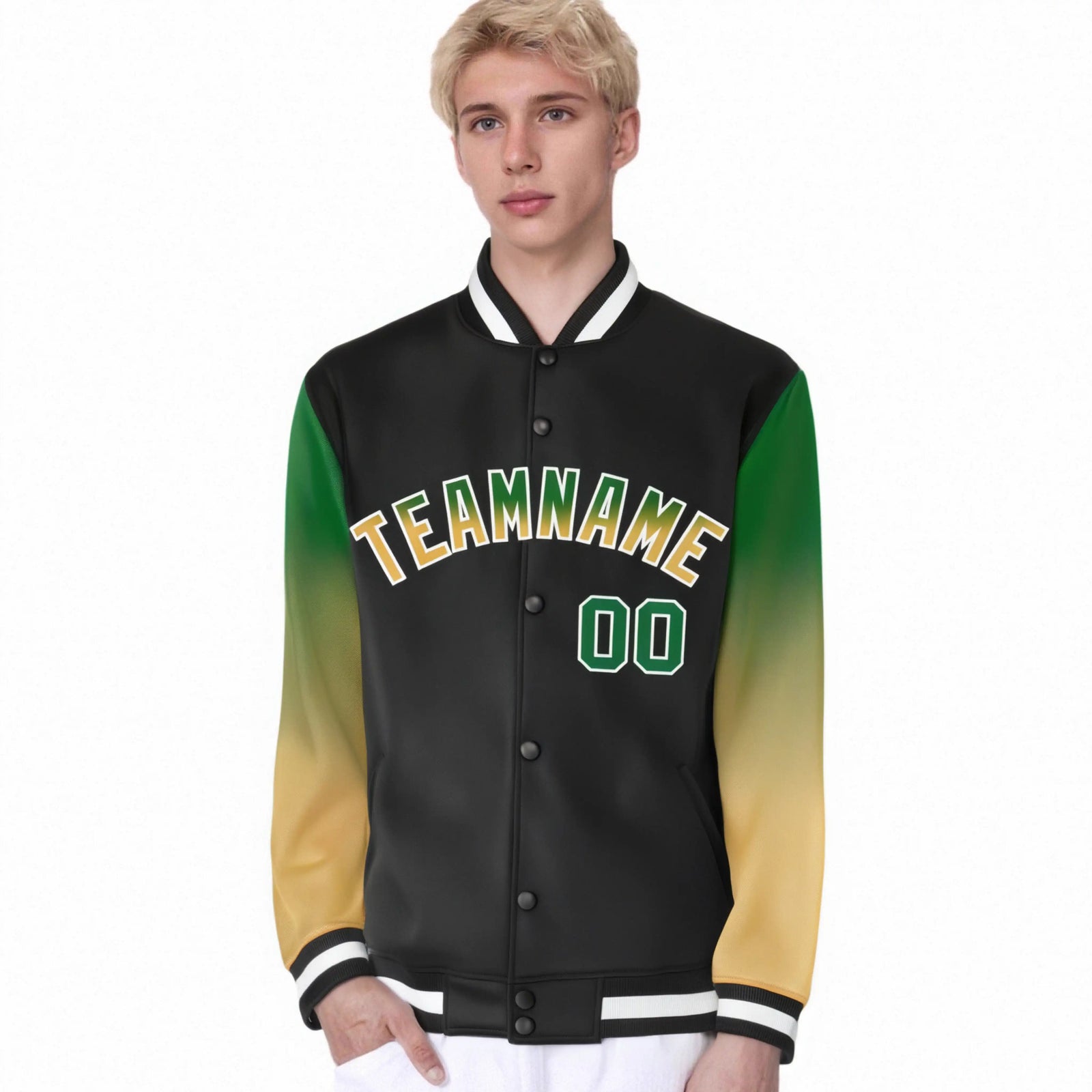 Custom Black Green-Khaki Varsity Full-Snap Sleeve Gradient Fashion Letterman Baseball Jacket