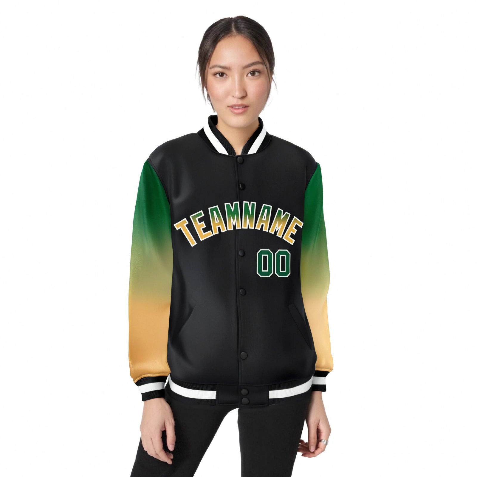 Custom Black Green-Khaki Varsity Full-Snap Sleeve Gradient Fashion Letterman Baseball Jacket