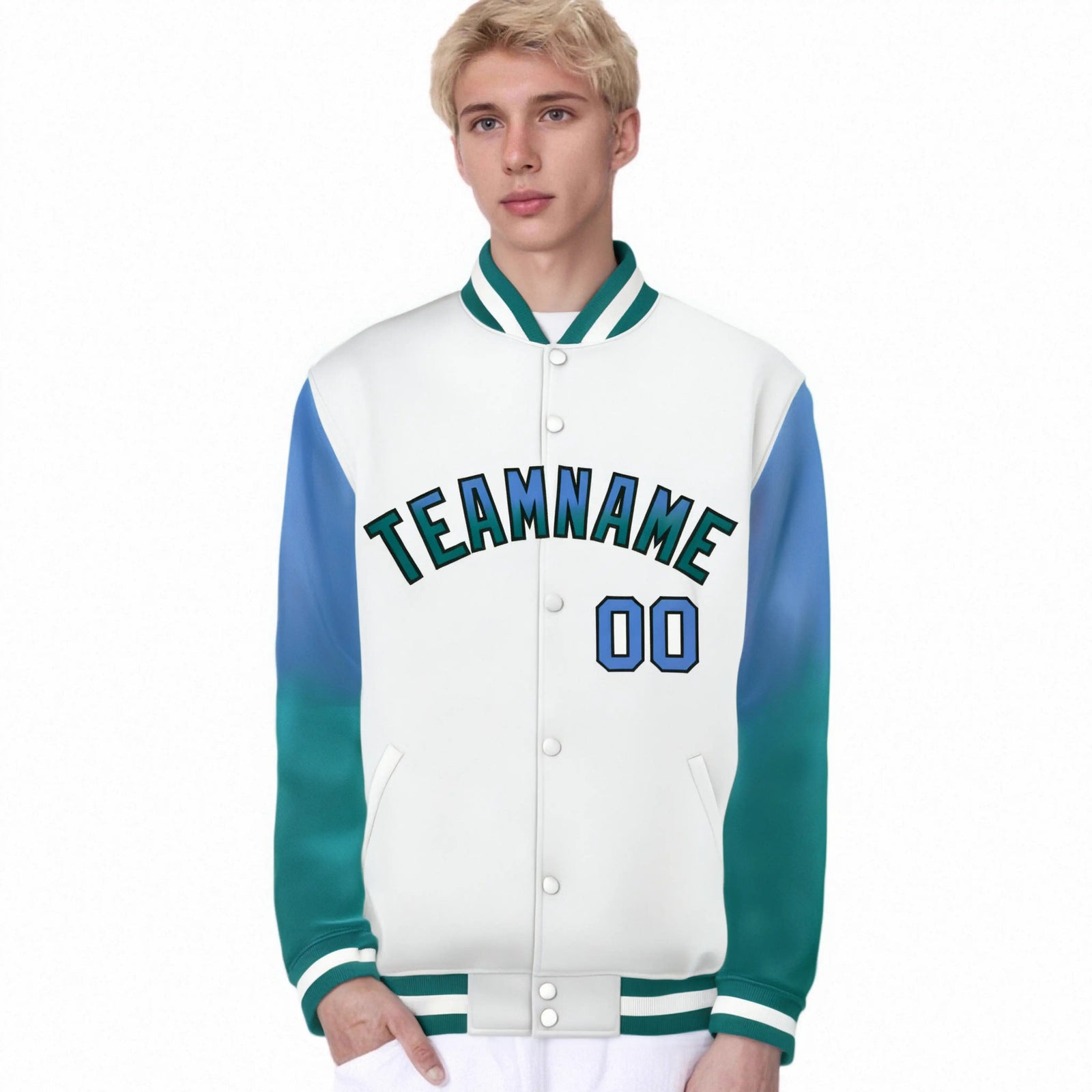 Custom White Light Blue-Aqua Varsity Full-Snap Sleeve Gradient Fashion Letterman Baseball Jacket