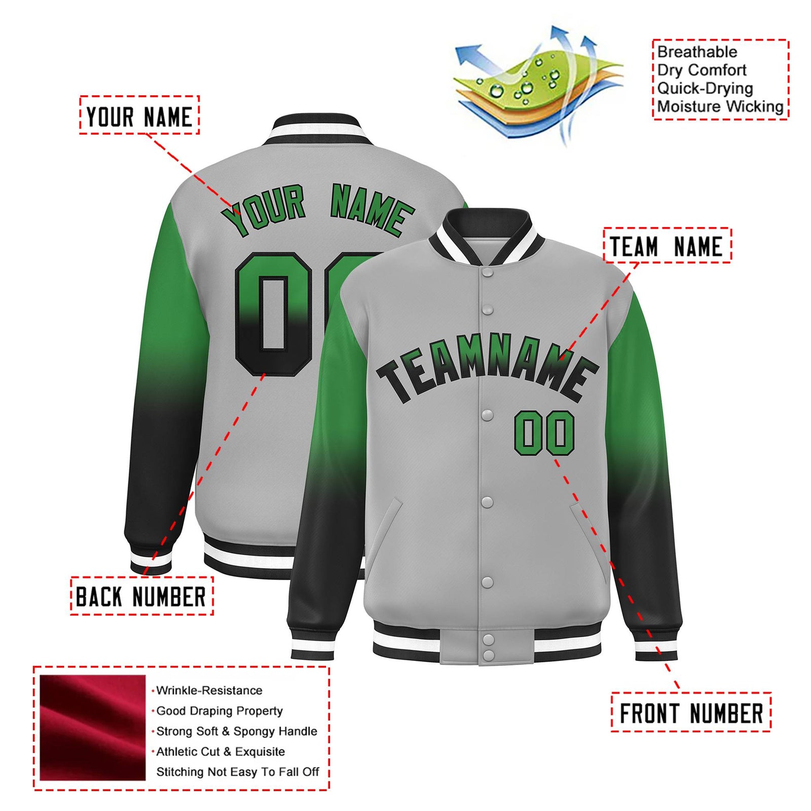 Custom Gray Kelly Green-Dark Gray Varsity Full-Snap Sleeve Gradient Fashion Letterman Baseball Jacket