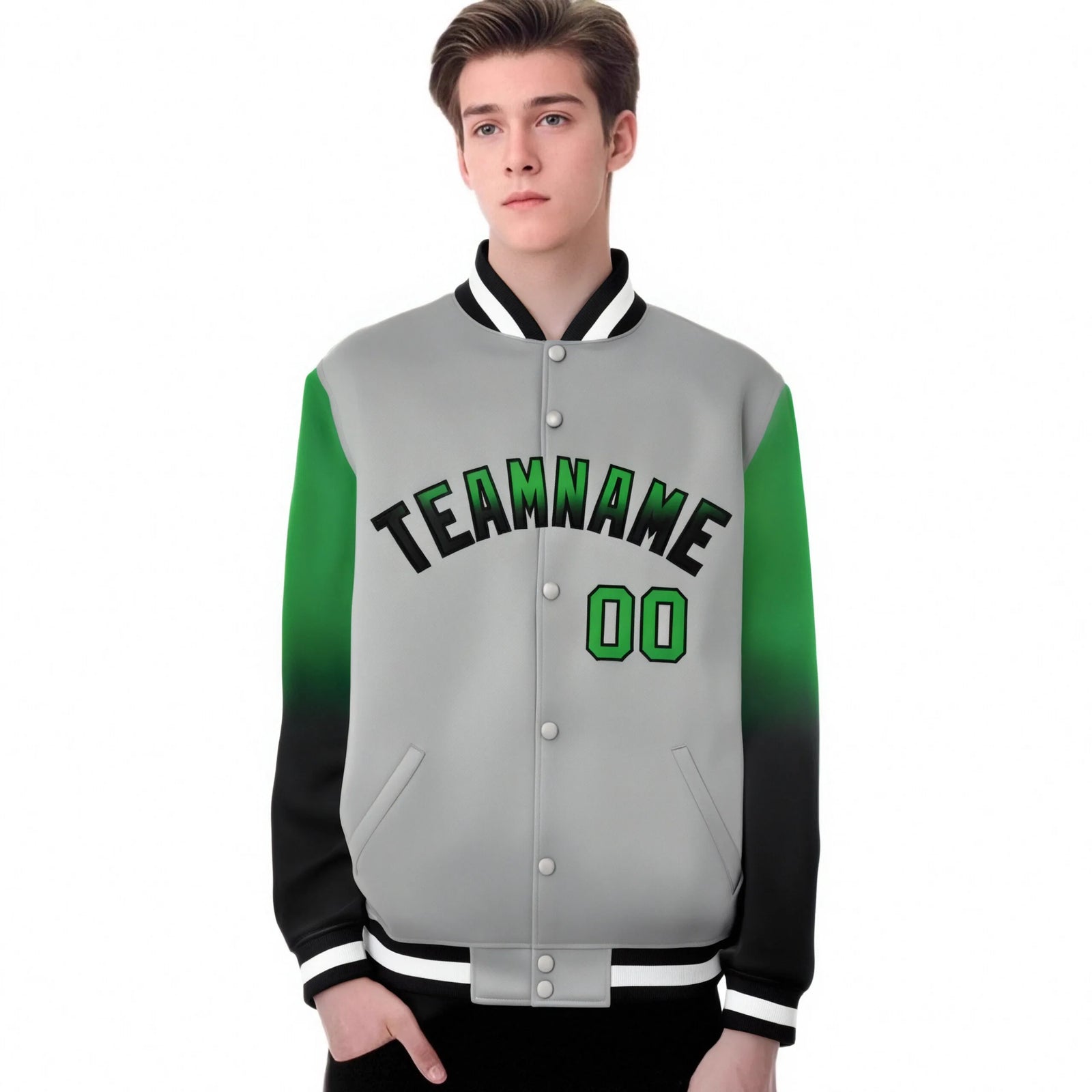 Custom Gray Kelly Green-Dark Gray Varsity Full-Snap Sleeve Gradient Fashion Letterman Baseball Jacket