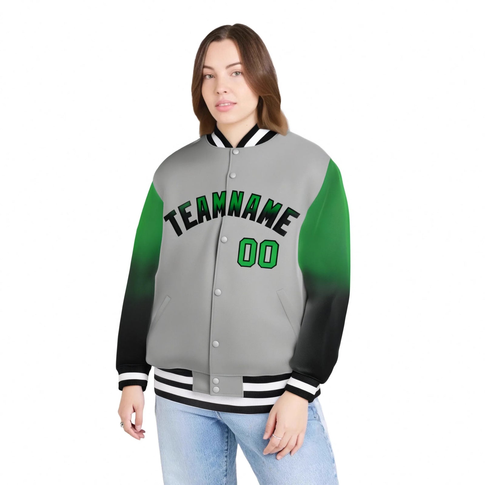 Custom Gray Kelly Green-Dark Gray Varsity Full-Snap Sleeve Gradient Fashion Letterman Baseball Jacket