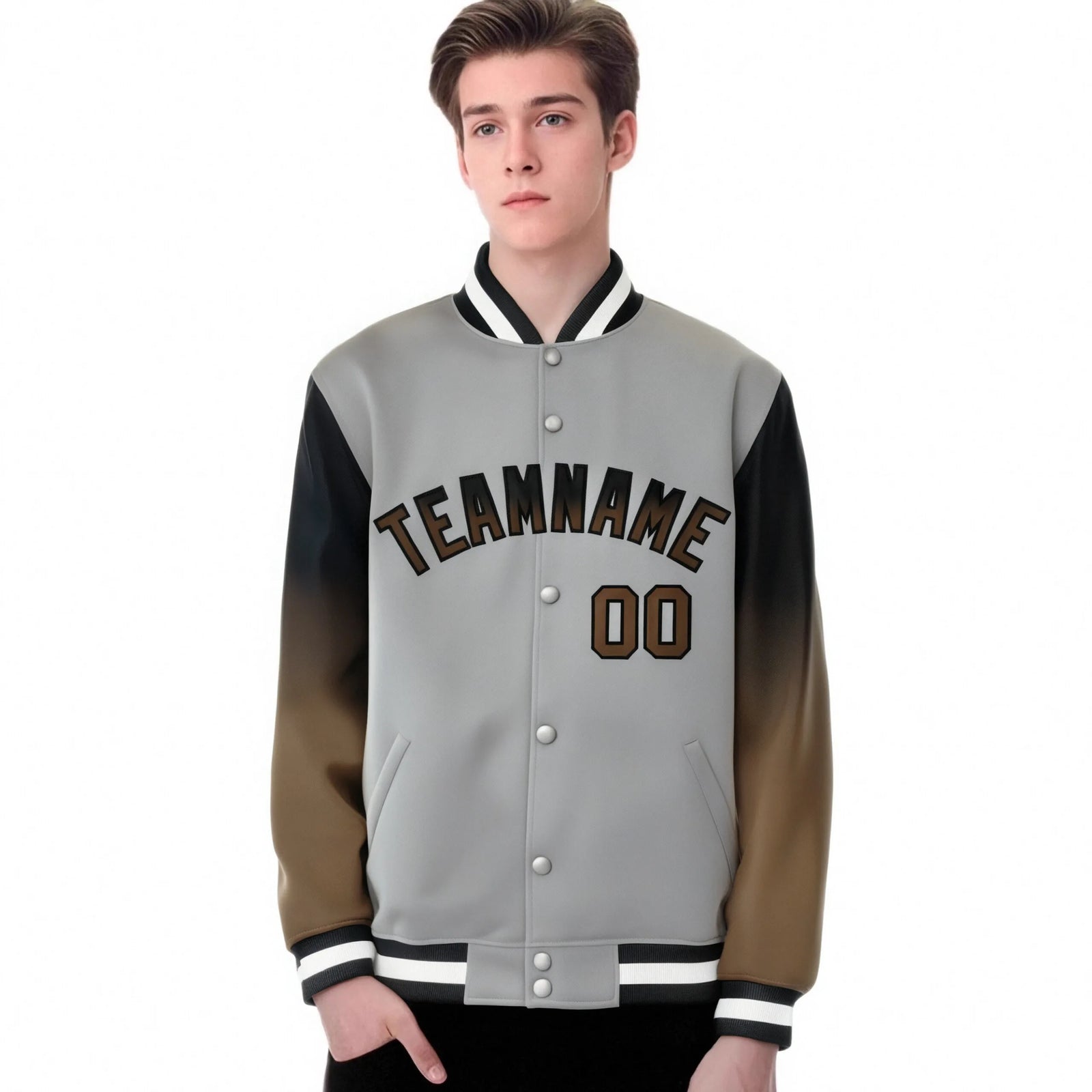 Custom Gray Brown-Light Brown Varsity Full-Snap Sleeve Gradient Fashion Letterman Baseball Jacket