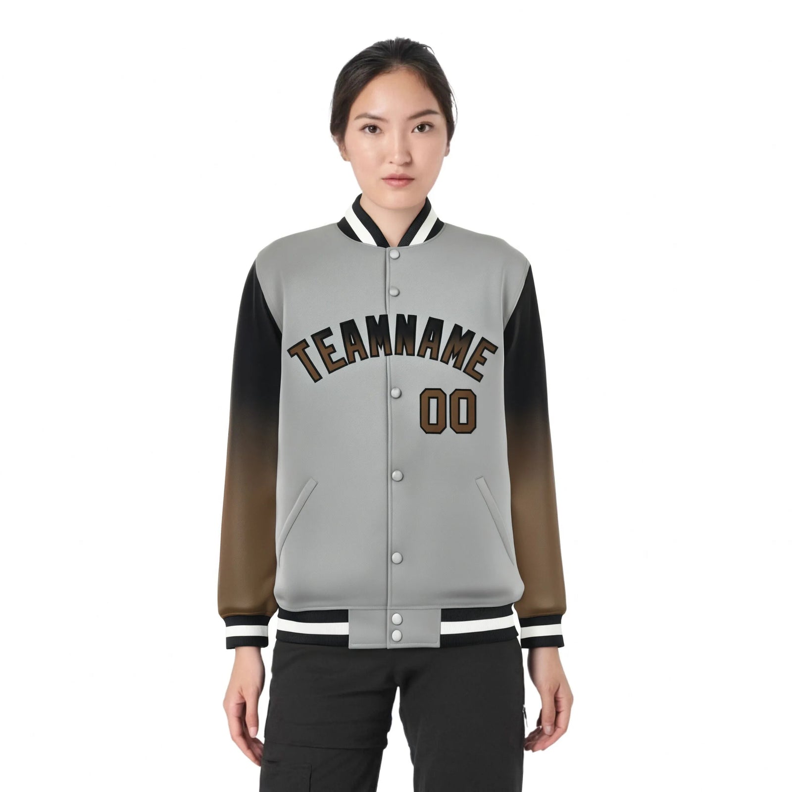 Custom Gray Brown-Light Brown Varsity Full-Snap Sleeve Gradient Fashion Letterman Baseball Jacket