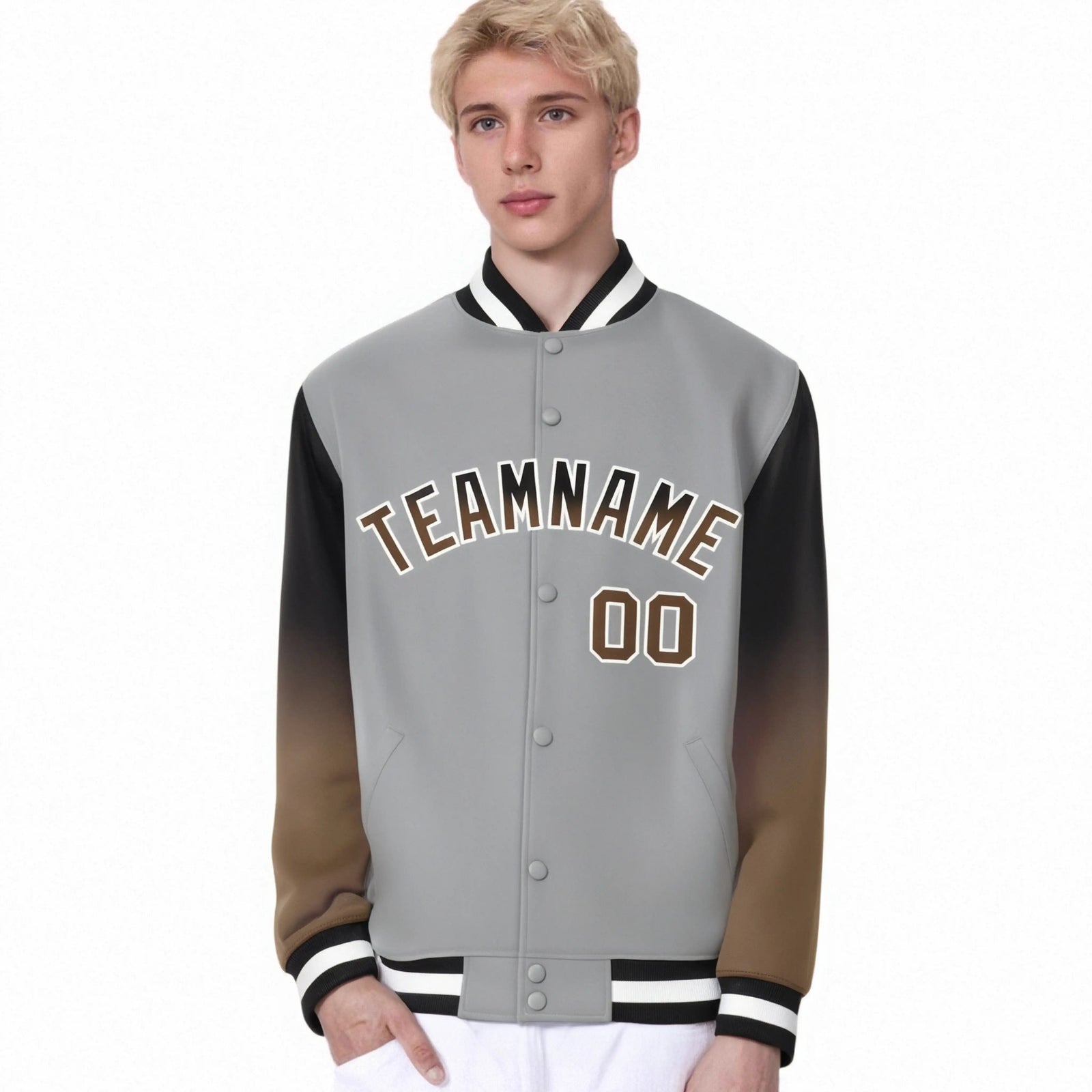 Custom Gray Brown-Light Brown Varsity Full-Snap Sleeve Gradient Fashion Letterman Baseball Jacket