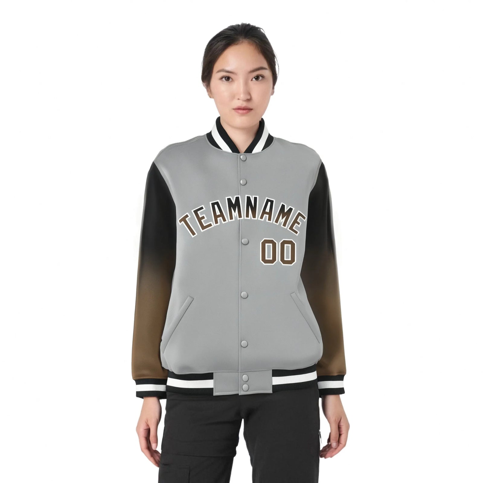 Custom Gray Brown-Light Brown Varsity Full-Snap Sleeve Gradient Fashion Letterman Baseball Jacket
