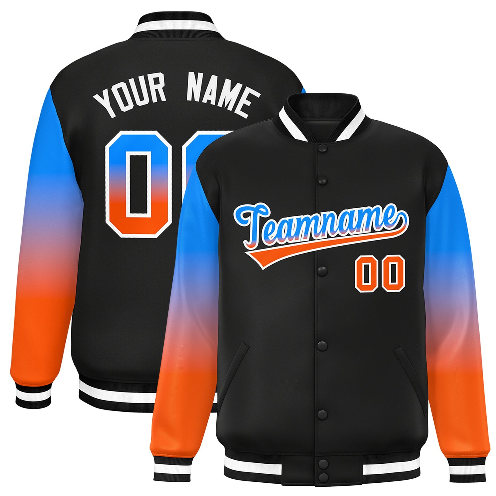 Custom Black Powder Blue-Orange Varsity Full-Snap Sleeve Gradient Fashion Letterman Baseball Jacket