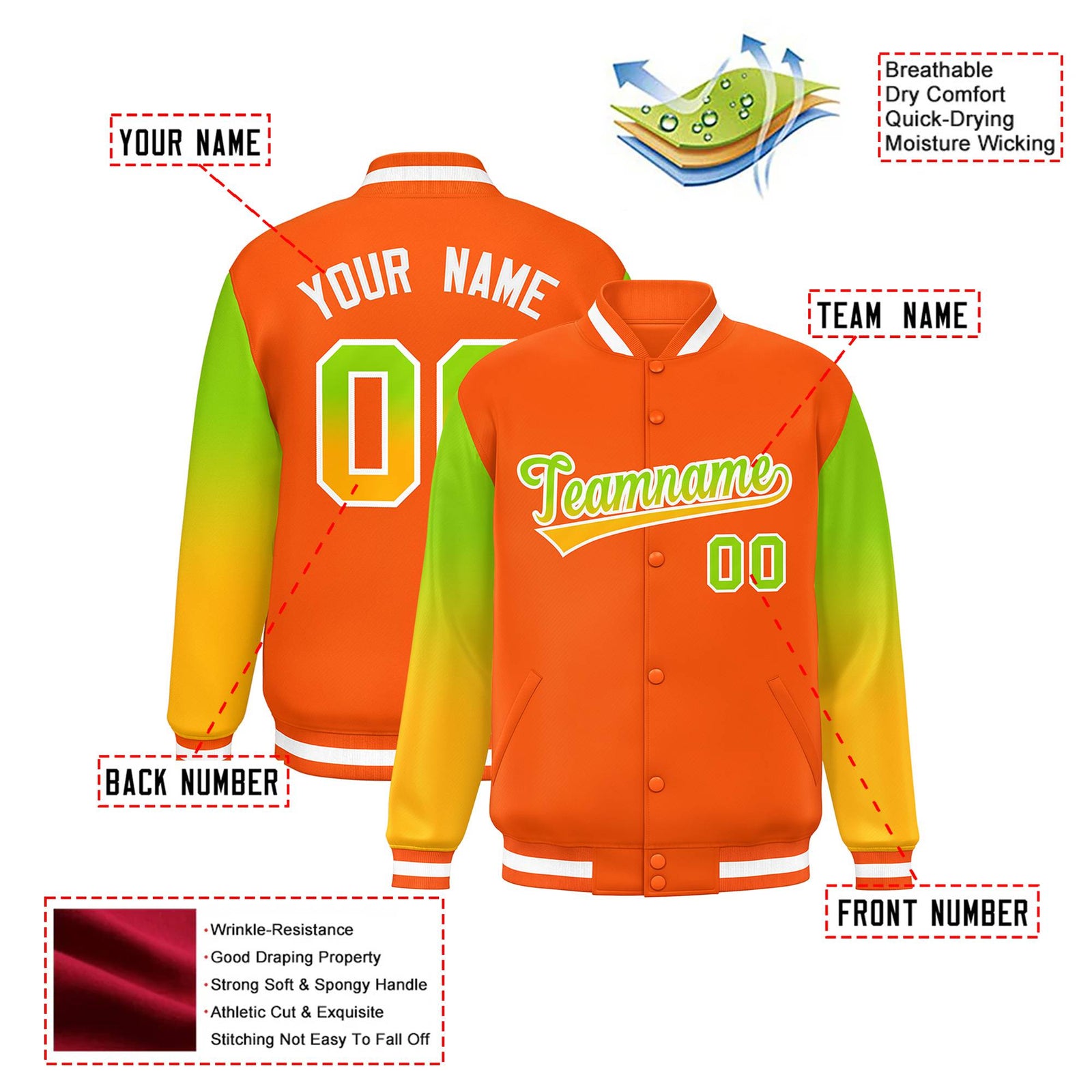 Custom Orange Neon Green-Yellow Varsity Full-Snap Sleeve Gradient Fashion Letterman Baseball Jacket