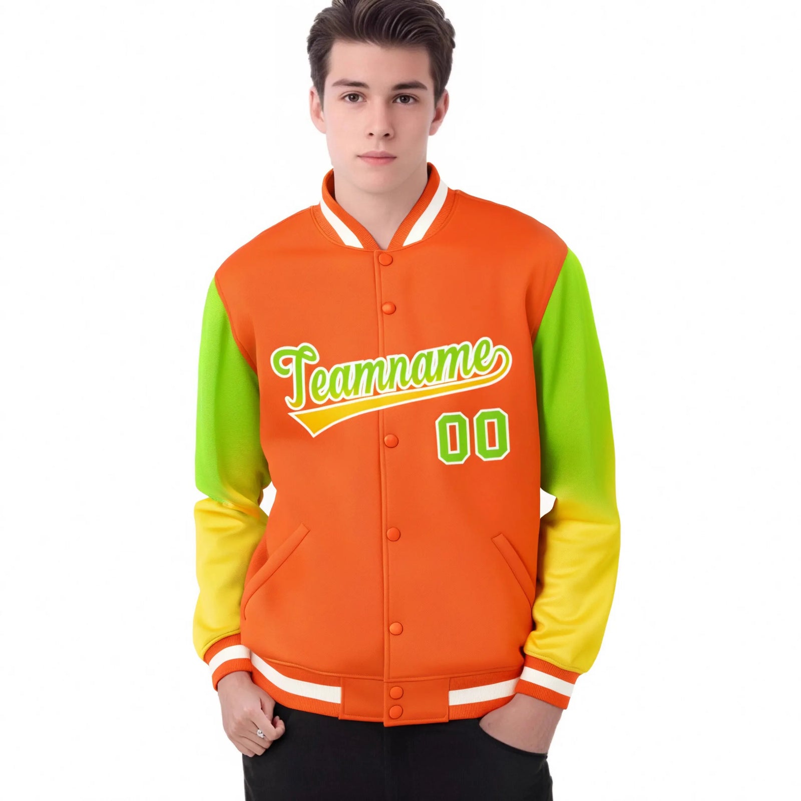 Custom Orange Neon Green-Yellow Varsity Full-Snap Sleeve Gradient Fashion Letterman Baseball Jacket