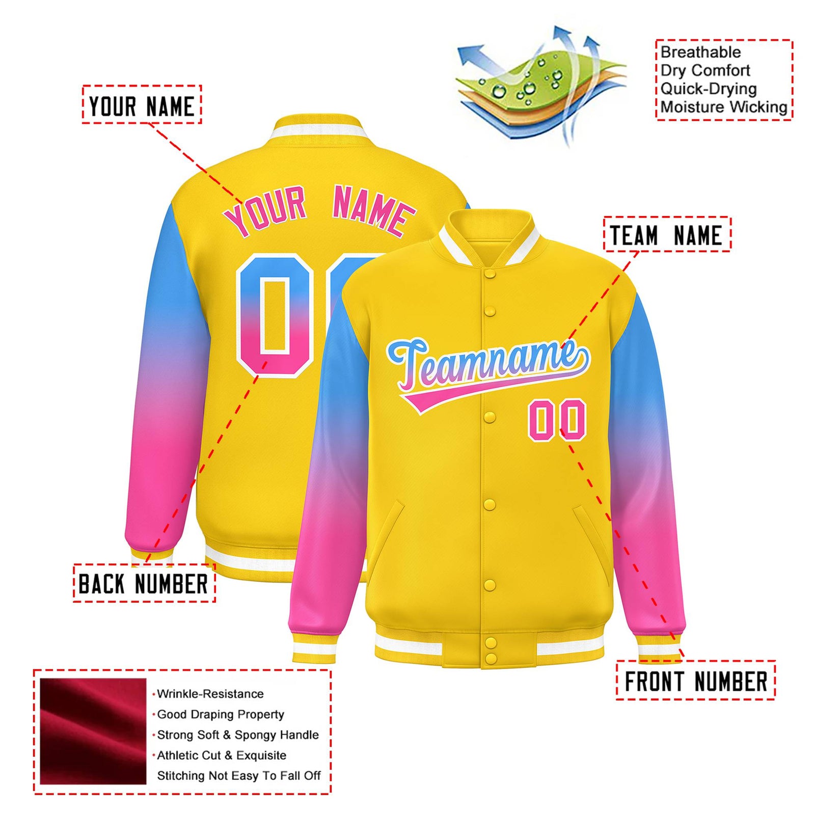 Custom Gold Powder Blue-Pink Varsity Full-Snap Sleeve Gradient Fashion Letterman Baseball Jacket